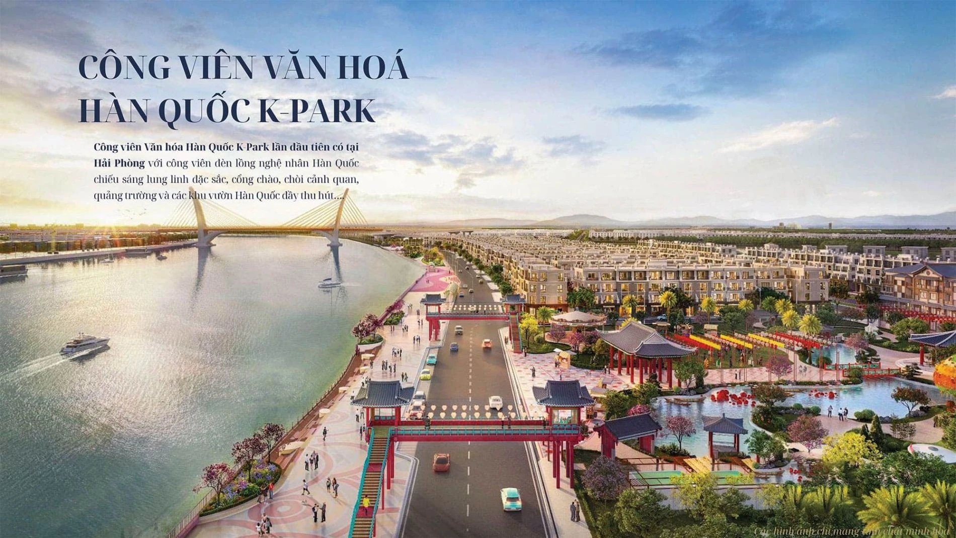 Phối cảnh công viên văn hóa Hàn Quốc K-Park ven sông tại Vinhomes Vũ Yên