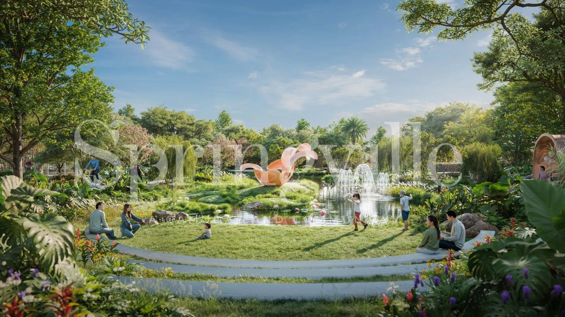 Cư dân thư giãn trên bãi cỏ cạnh đài phun nước nghệ thuật Spring Ville