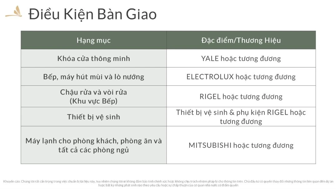 Bảng danh mục điều kiện bàn giao vật liệu và trang thiết bị nội thất cao cấp tại căn hộ Zenity CapitaLand Quận 1.