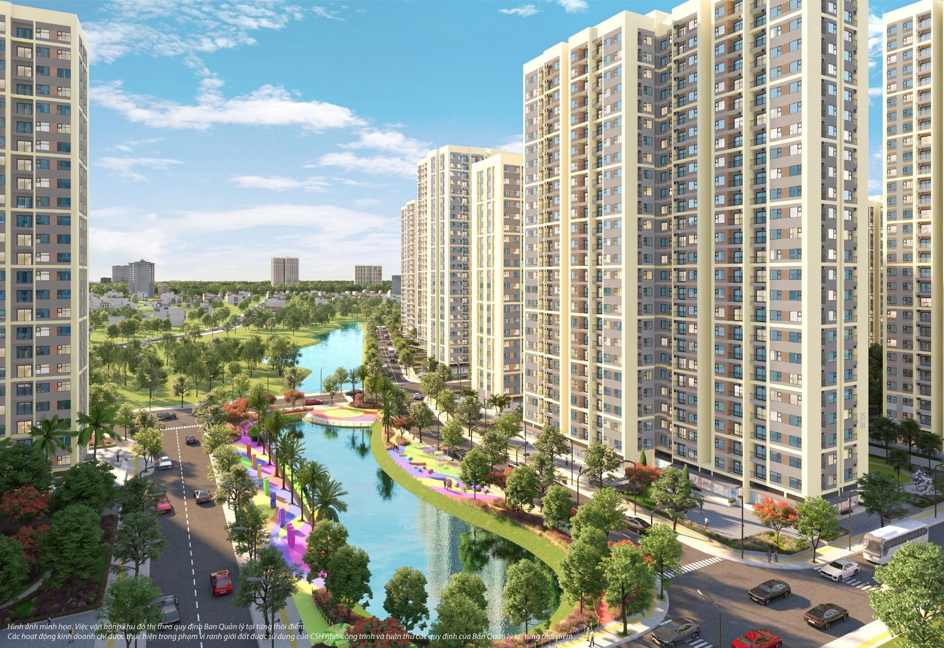 Dòng sông nội khu uốn lượn với lối dạo bộ nhiều màu sắc ven bờ tại phân khu The Origami