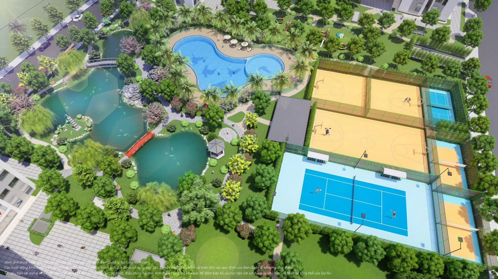 Khu vực sân tennis và sân bóng rổ tiêu chuẩn nằm xen kẽ giữa các mảng xanh tại The Origami