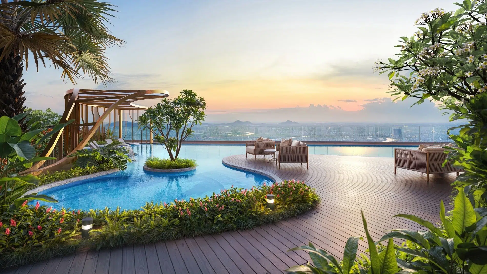Hồ bơi vô cực trên cao với tầm nhìn toàn cảnh thành phố tại dự án The Ambience.