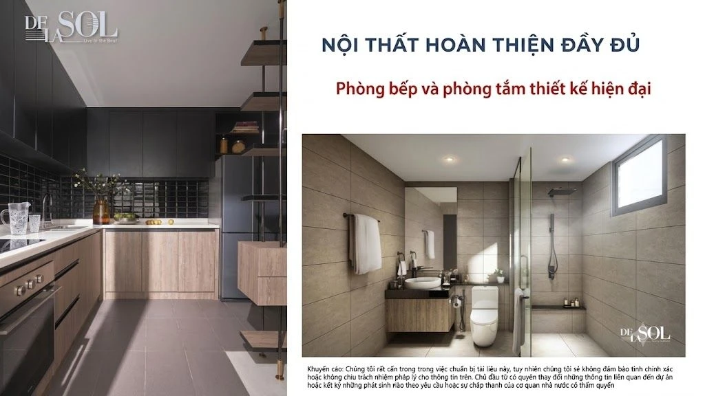 Không gian phòng bếp và phòng tắm được bàn giao hoàn thiện liền tường tại De La Sol