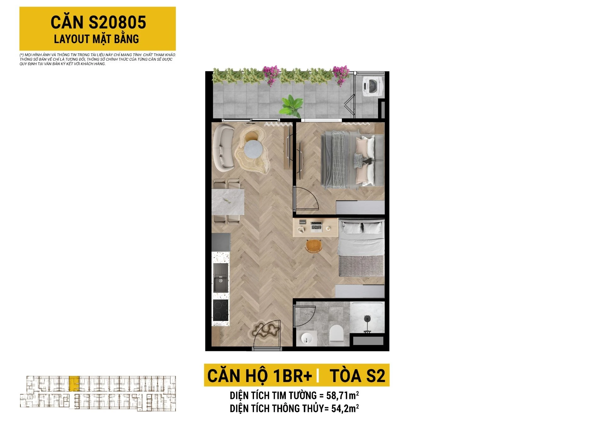Layout thiết kế chi tiết căn hộ 1PN+ diện tích 54.2 m2 tại dự án Spana Tower Đà Nẵng