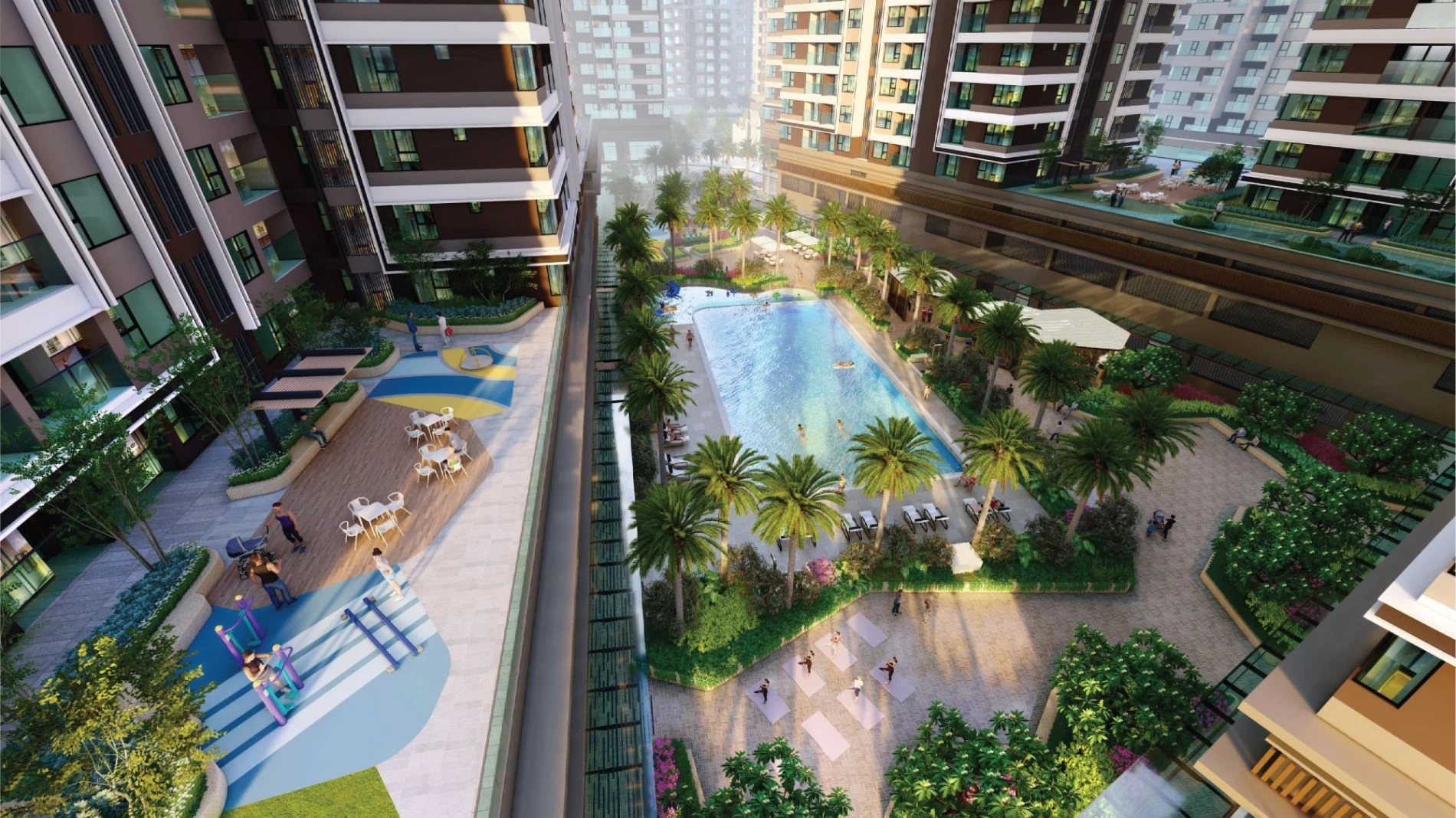 Cư dân thư giãn tại hồ bơi và tập yoga ngoài trời tại Akari City.