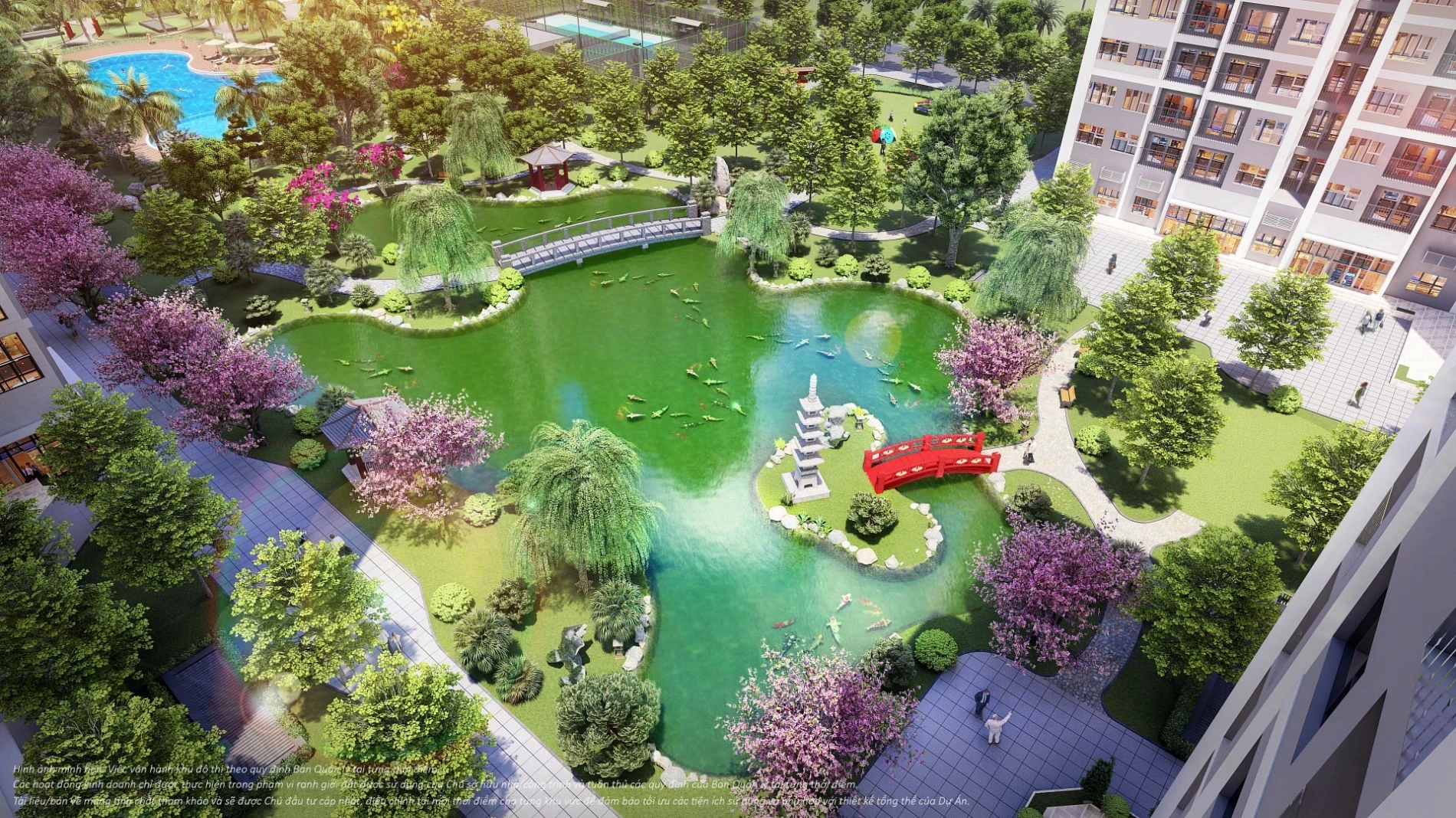 Không gian Vườn Nhật Bản Zen Garden với hồ nước, tháp đá và cây tùng la hán tại The Origami