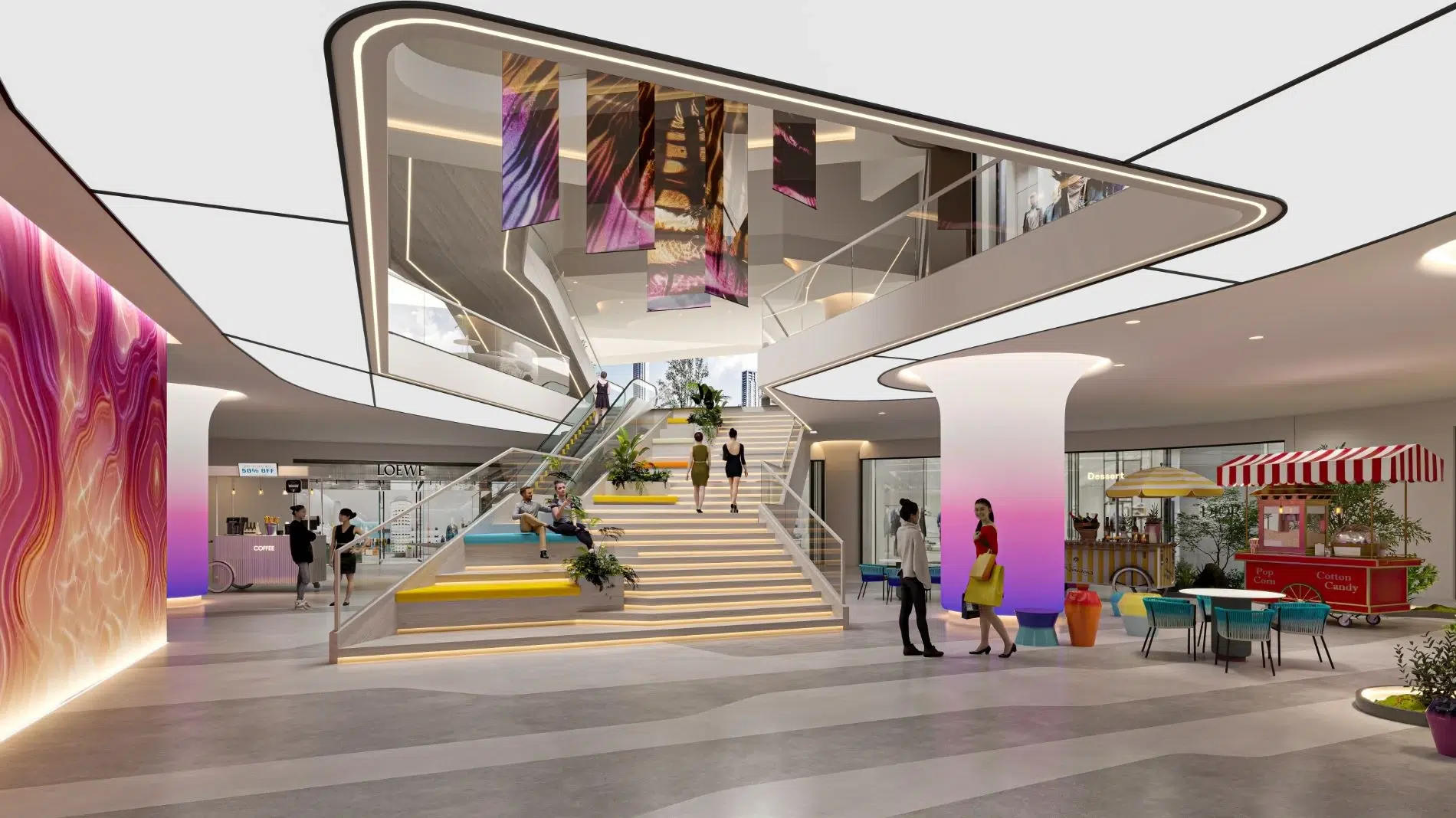 Khu vực sảnh atrium bên trong trung tâm thương mại của dự án The Ambience với cầu thang đa năng.
