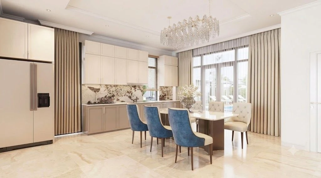 Thiết kế phòng khách liền bếp sang trọng tại biệt thự cao cấp Phân khu Thịnh Vượng Vinhomes Cổ Loa.