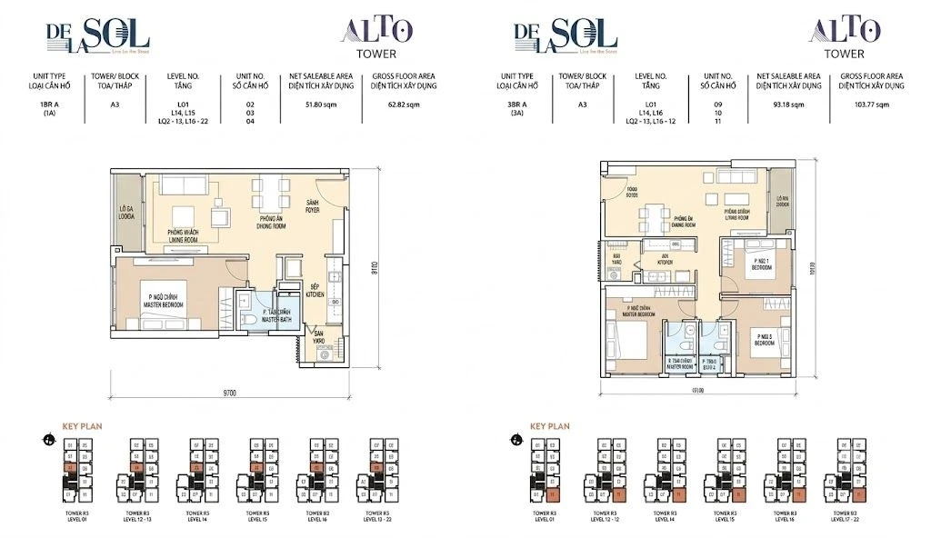 Bản vẽ layout chi tiết căn hộ 1 phòng ngủ và 3 phòng ngủ tháp Alto dự án De La Sol