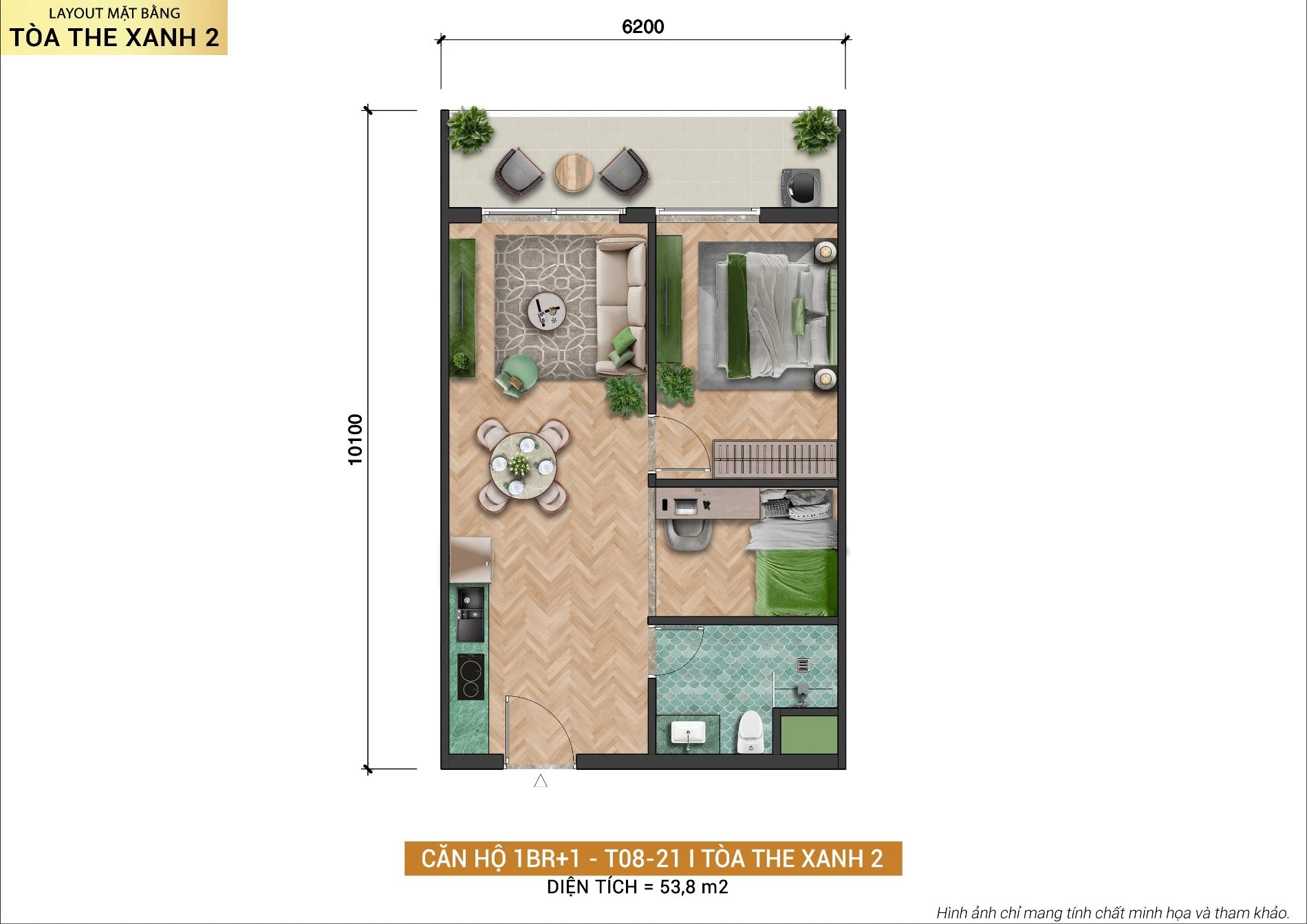 Layout căn hộ 1PN+ diện tích 53.8 m2 tại tháp The Xanh 2