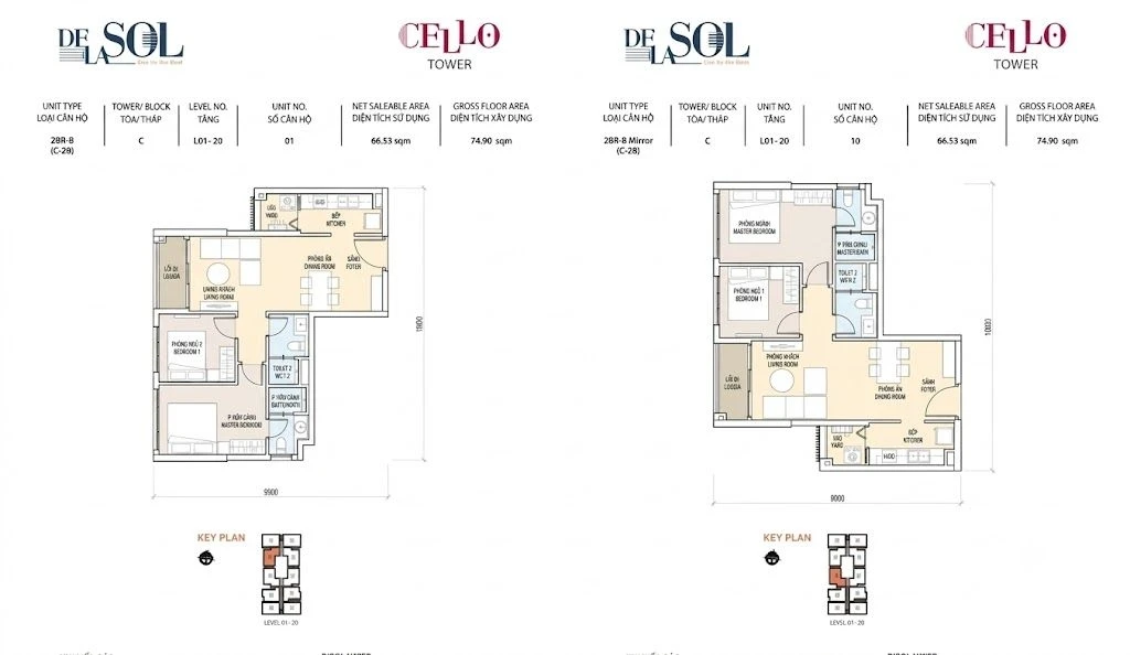 Sơ đồ layout căn hộ 2 phòng ngủ loại B diện tích 66.53 m2 tháp Cello dự án De La Sol