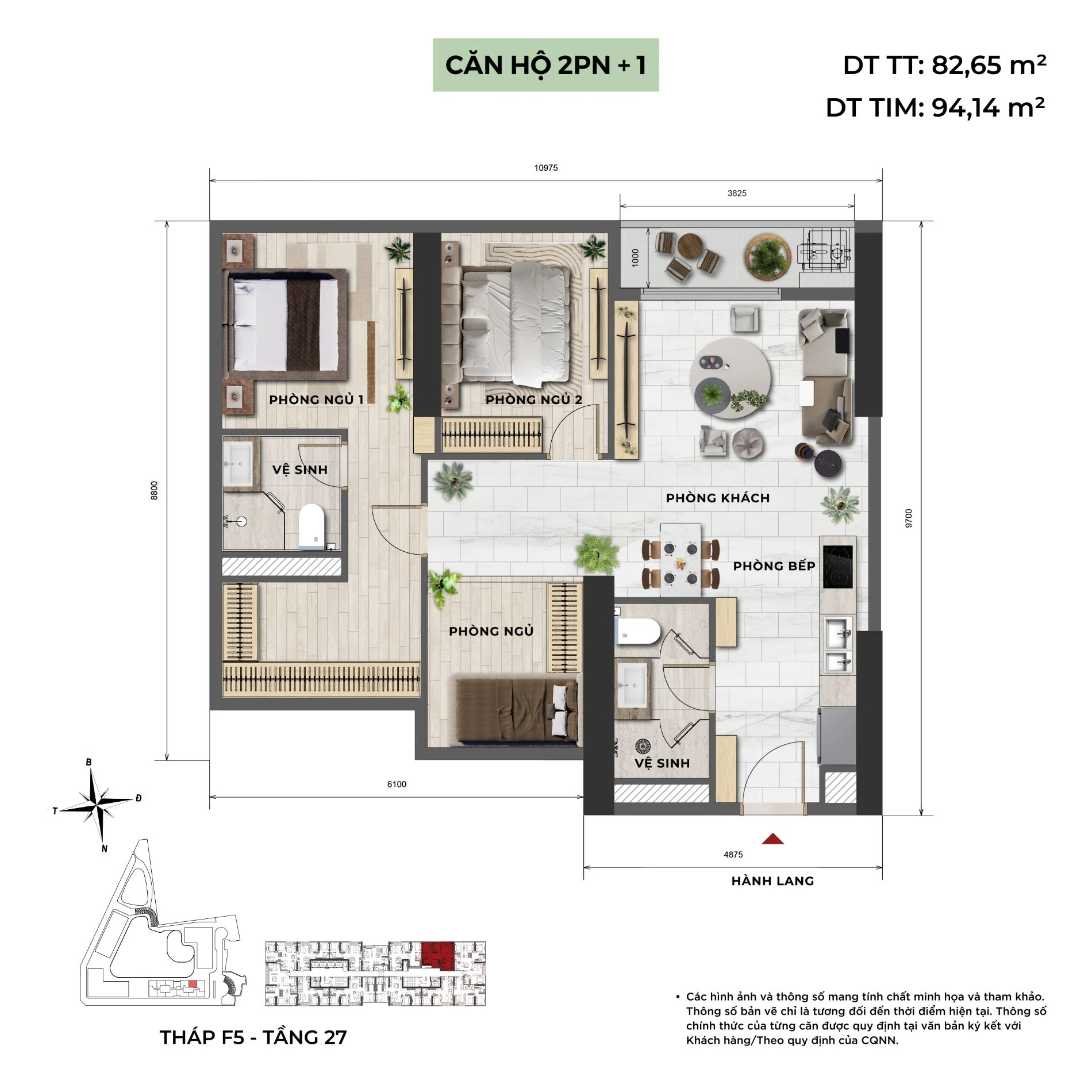 Thiết kế mặt bằng căn hộ 2PN+1 diện tích 82.65m2 dự án Sun Feliza Suites Cầu Giấy