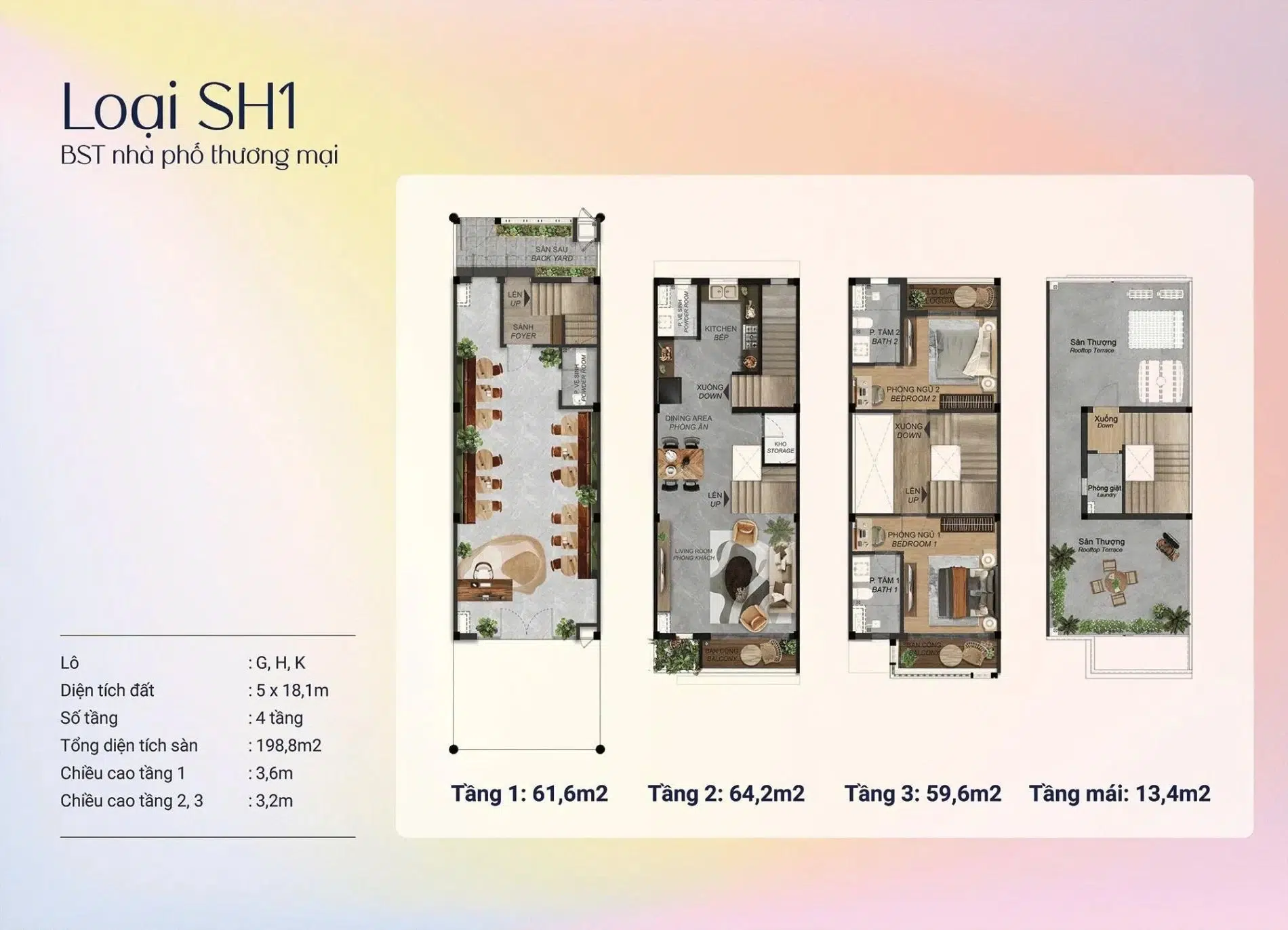 Bản vẽ mặt bằng các tầng của shophouse loại SH1 dự án Spring Ville
