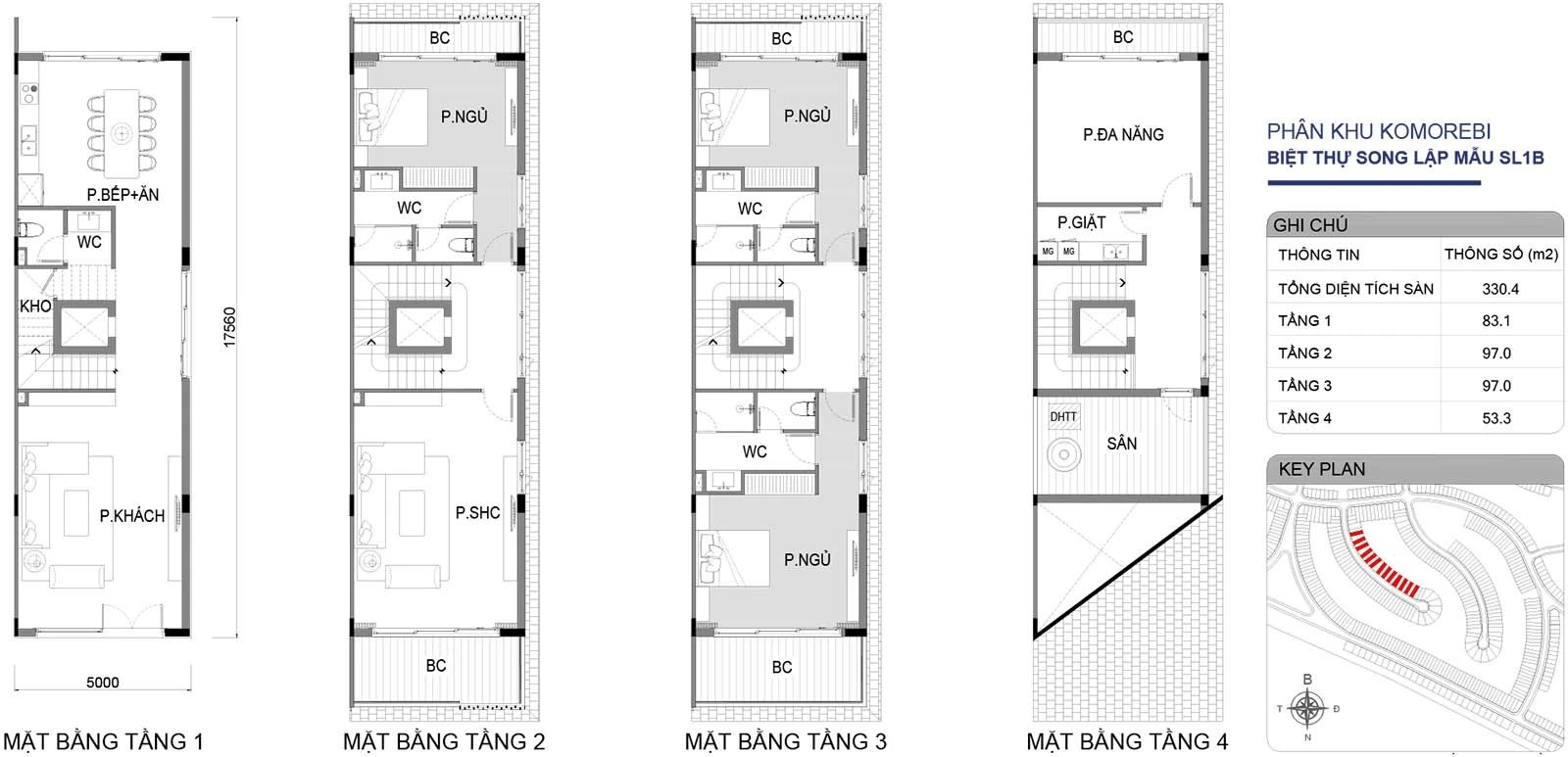 Bản vẽ thiết kế mặt bằng tầng điển hình biệt thự song lập mẫu SL1B diện tích 330.4 m2 tại phân khu Komorebi