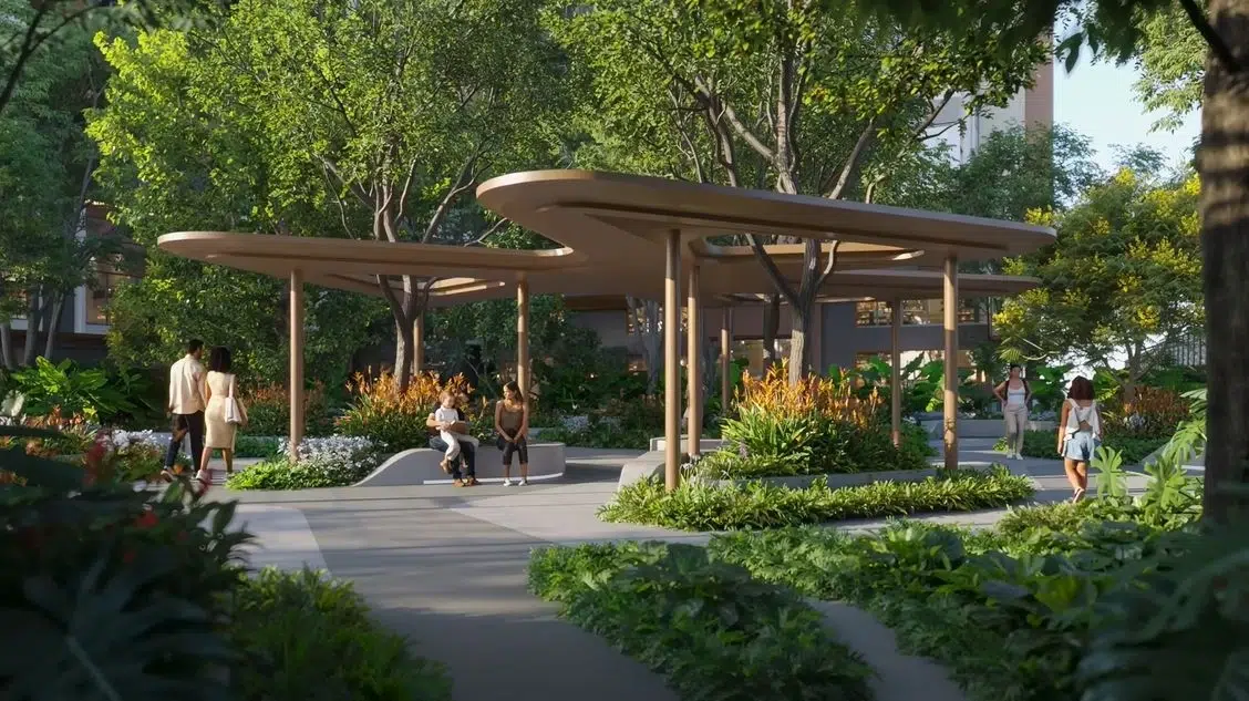Khu vực chòi nghỉ và lối dạo bộ ngập tràn cây xanh tại công viên nội khu The Ambience Hải Phòng.