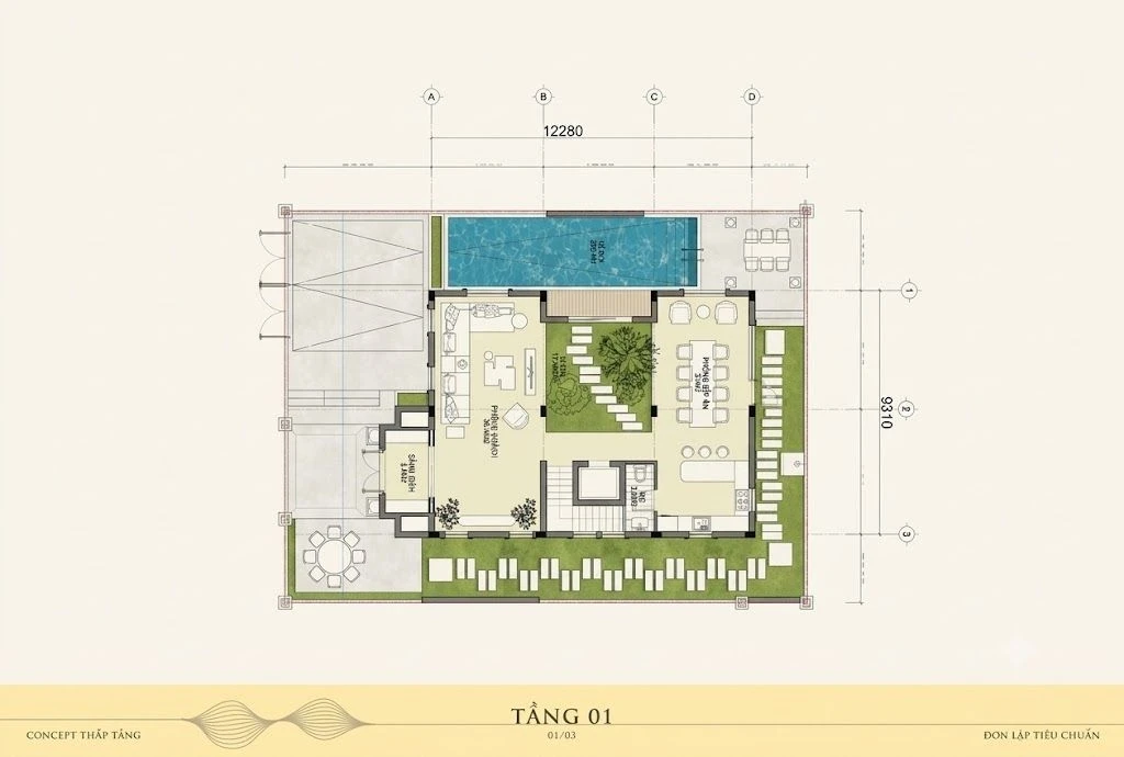 Bản vẽ chi tiết layout mặt bằng tầng 1 của biệt thự đơn lập Alluvia City Xuân Cầu