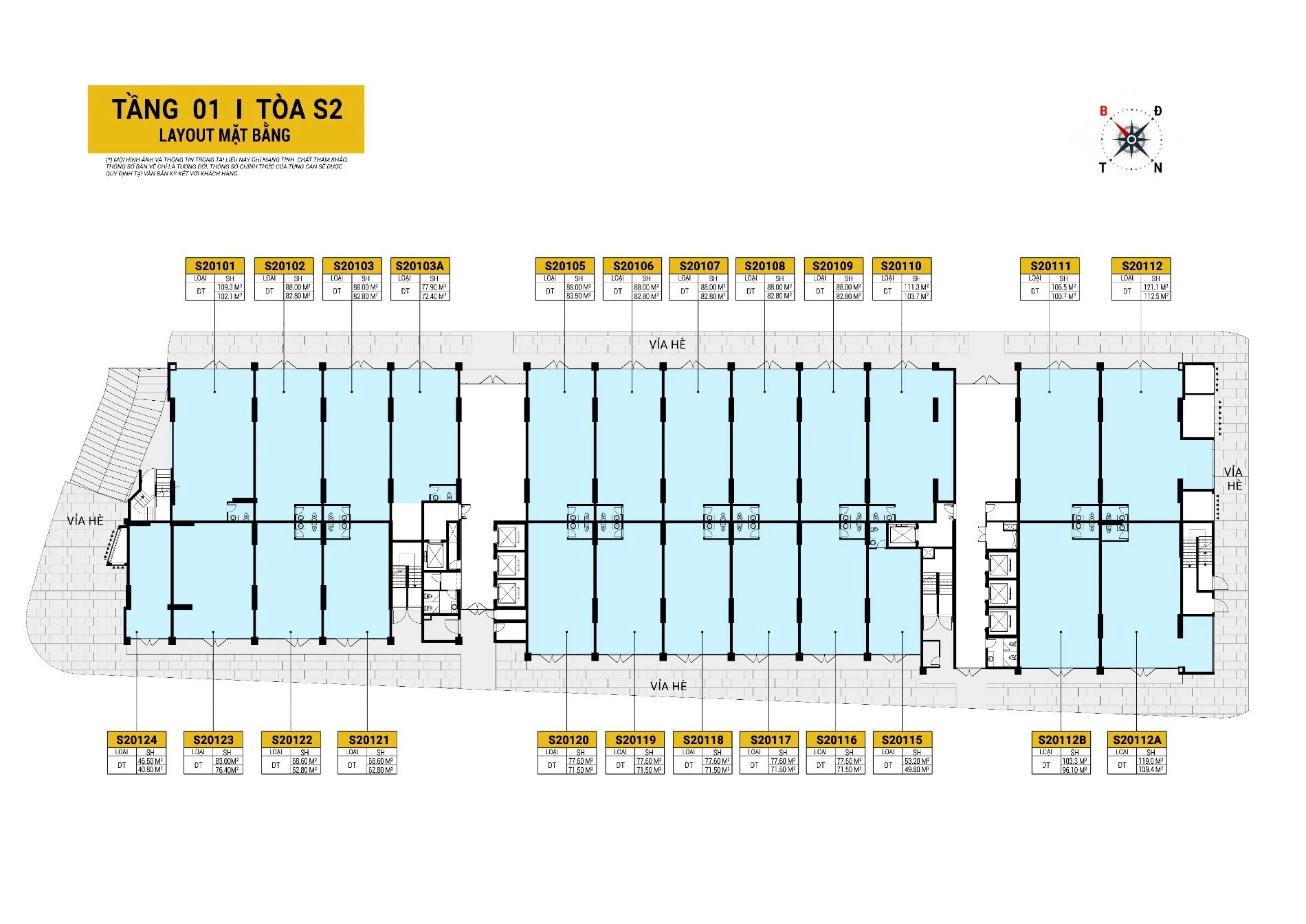 Bản vẽ layout mặt bằng tầng 1 bố trí các căn shophouse thương mại tại Tháp S2