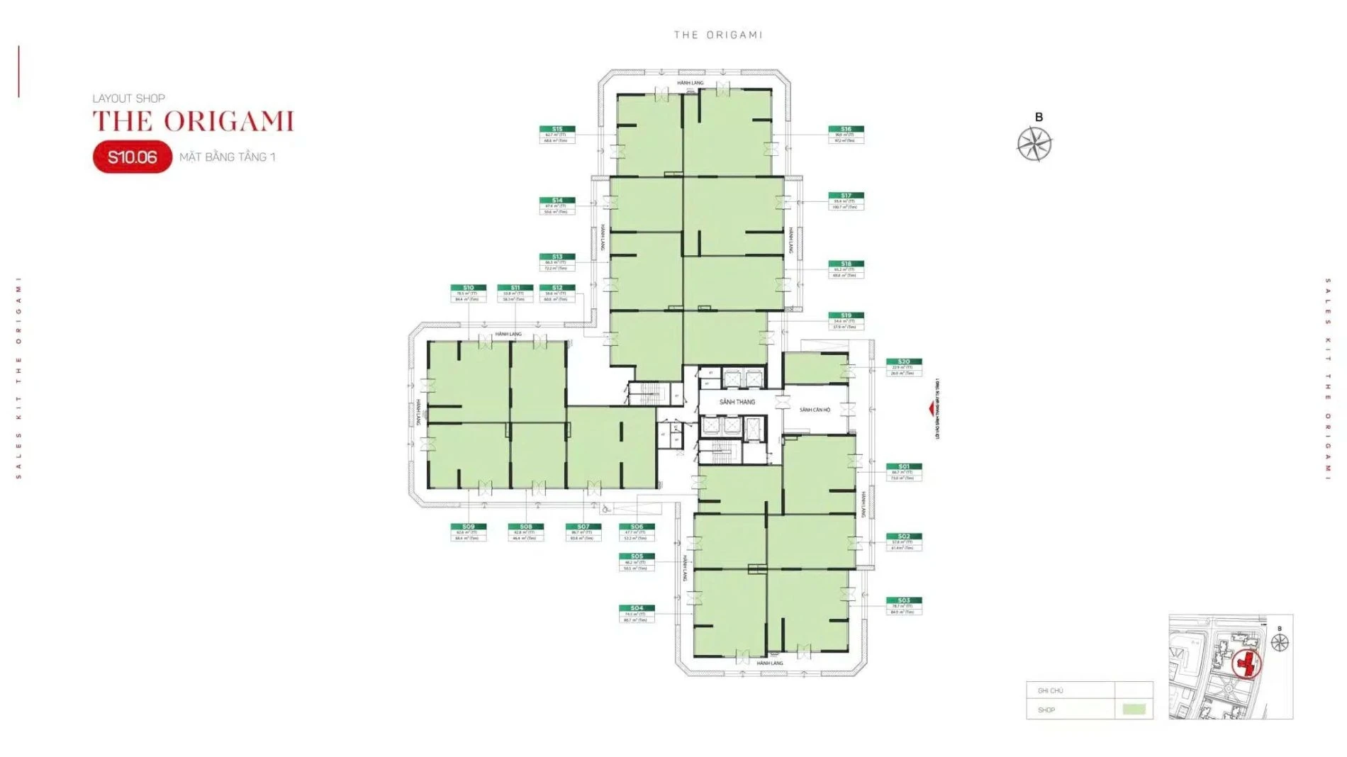 Mặt bằng tầng 1 tòa S10.06 The Origami bố trí 20 căn shophouse