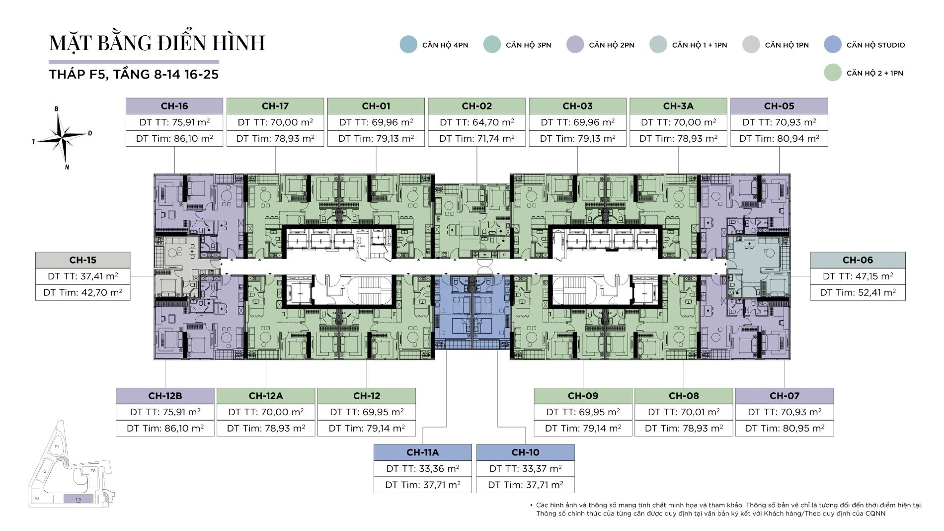Bản vẽ mặt bằng tầng điển hình từ tầng 8 đến 14 và 16 đến 25 tháp F5 Sun Feliza Suites
