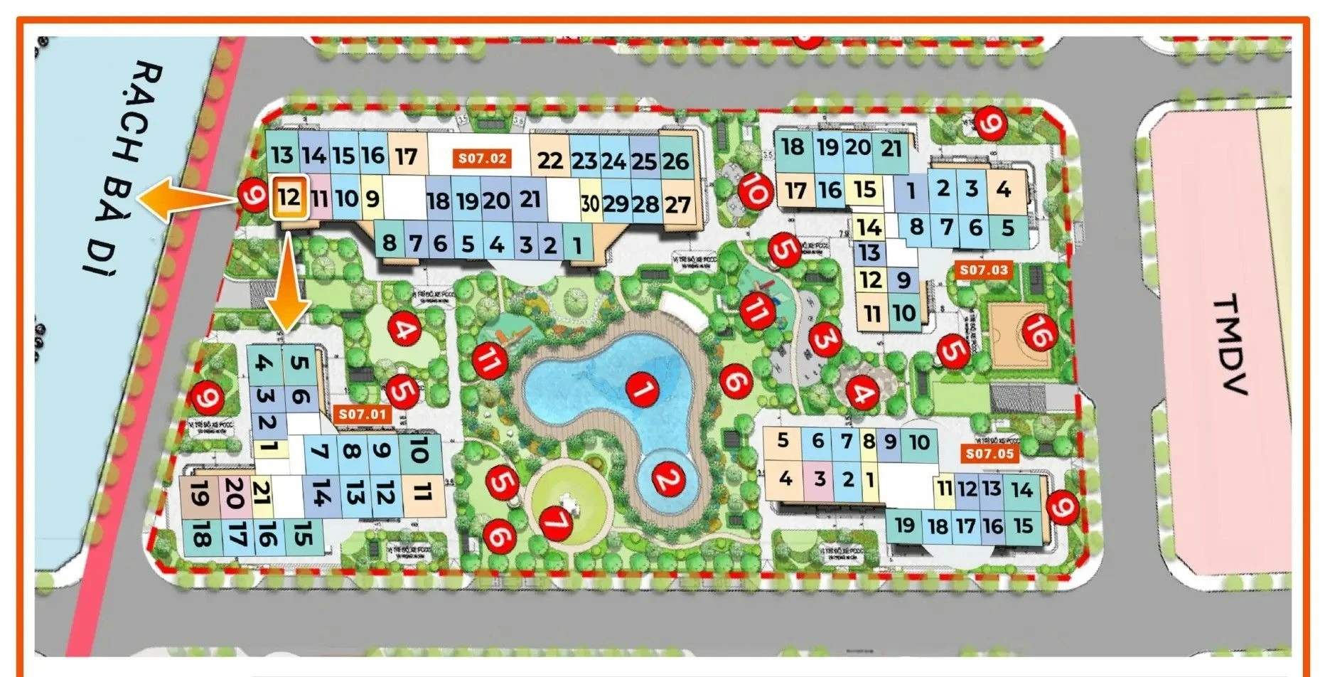Sơ đồ bố trí mặt bằng tiện ích cảnh quan tại tiểu khu S7 The Origami Vinhomes Grand Park