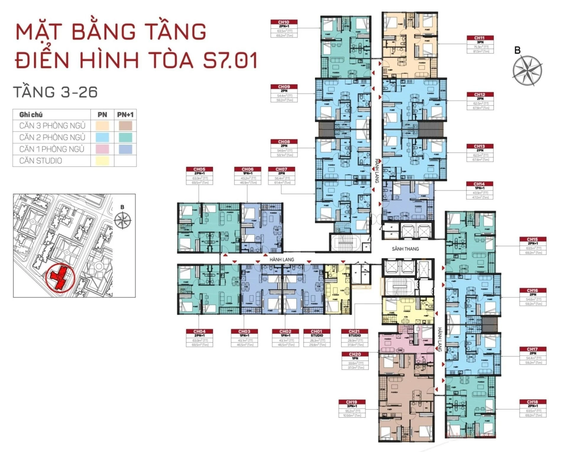 Sơ đồ mặt bằng tầng 3 đến 26 tòa S7.01 phân khu The Origami Vinhomes Grand Park