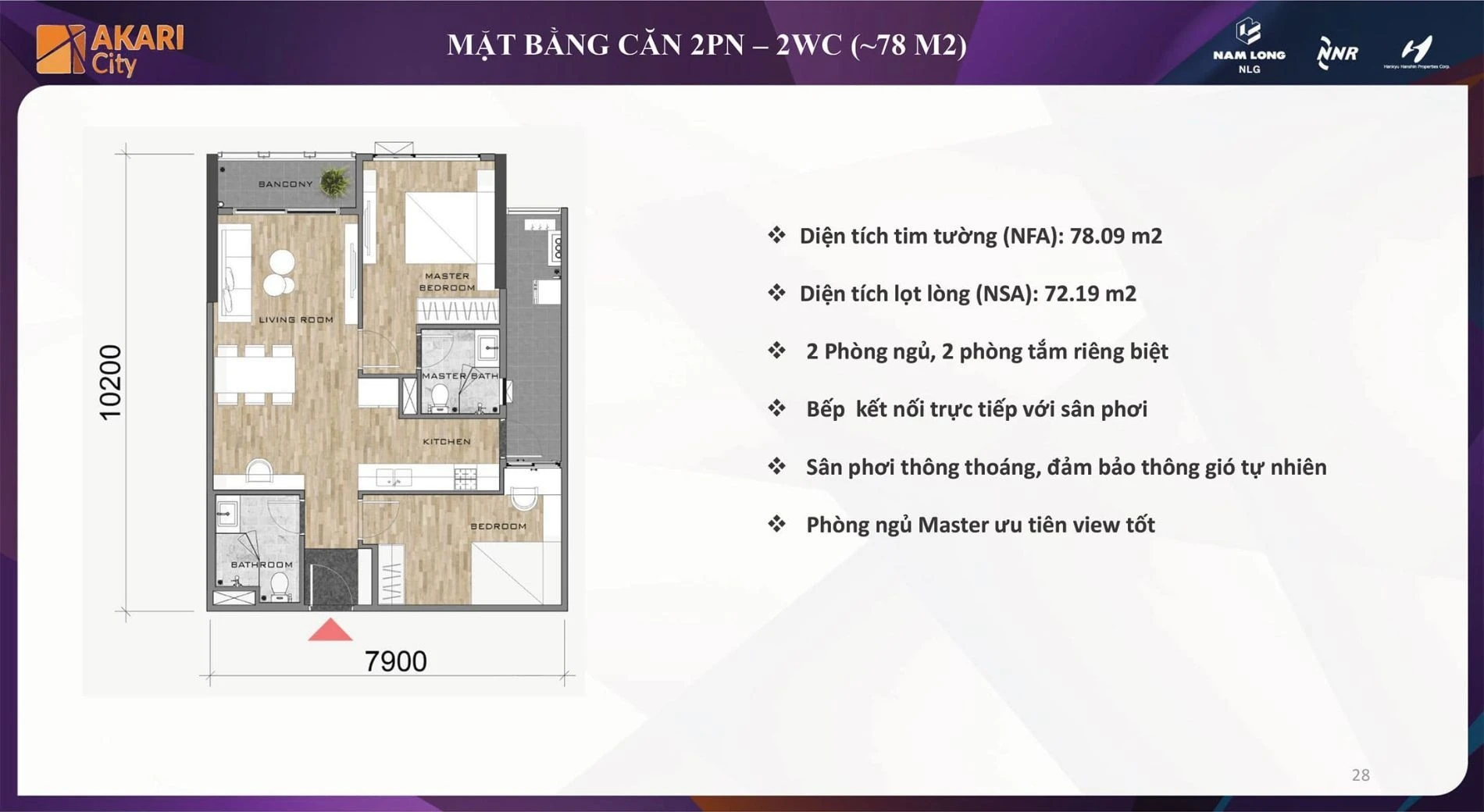 Bản vẽ bóc mái thiết kế căn hộ 2 phòng ngủ 2 nhà vệ sinh diện tích 78m2 dự án Akari City