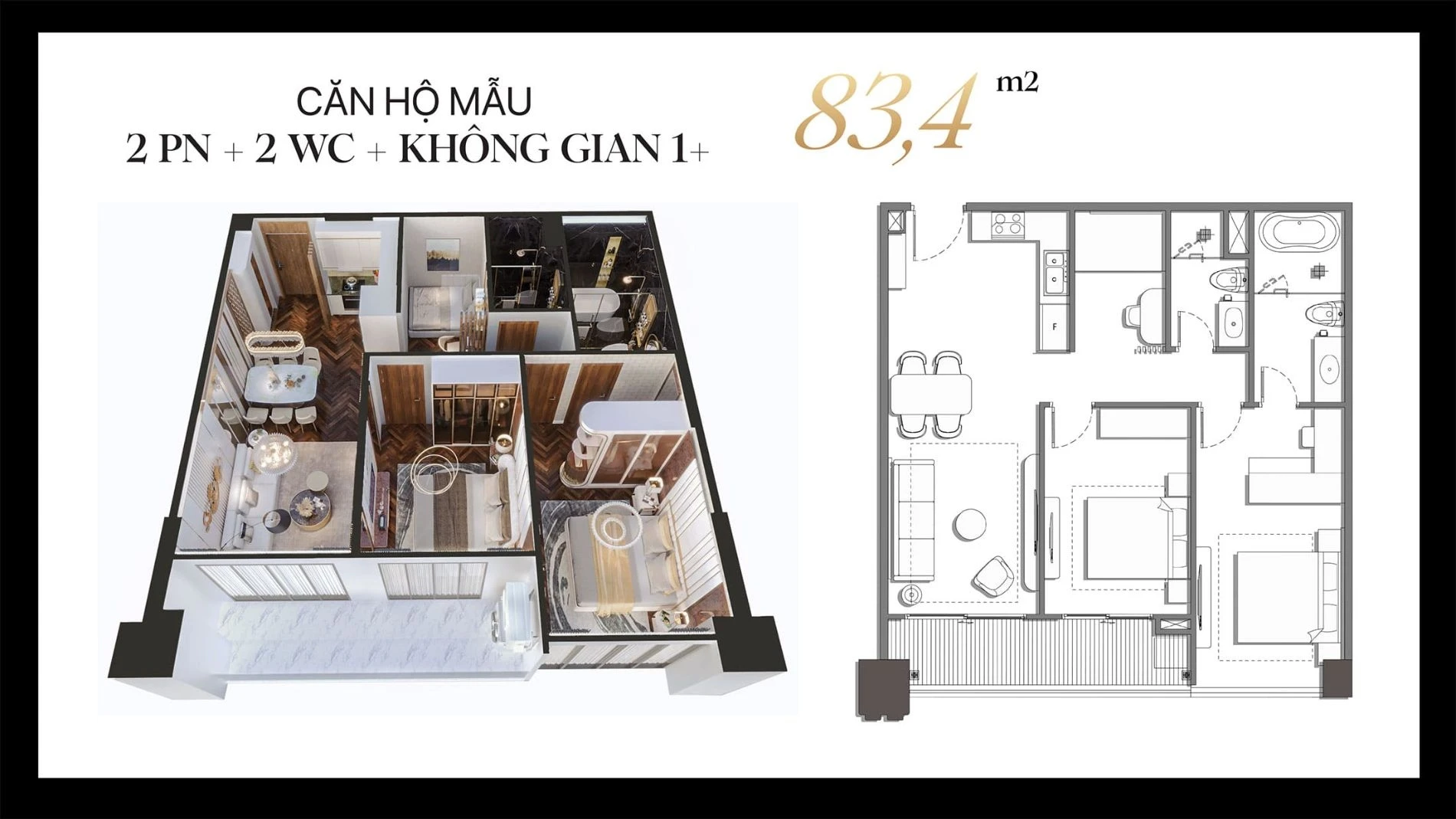 Bản vẽ bóc mái và sơ đồ mặt bằng căn hộ 2 phòng ngủ cộng 1 không gian đa năng diện tích 83.4 m2