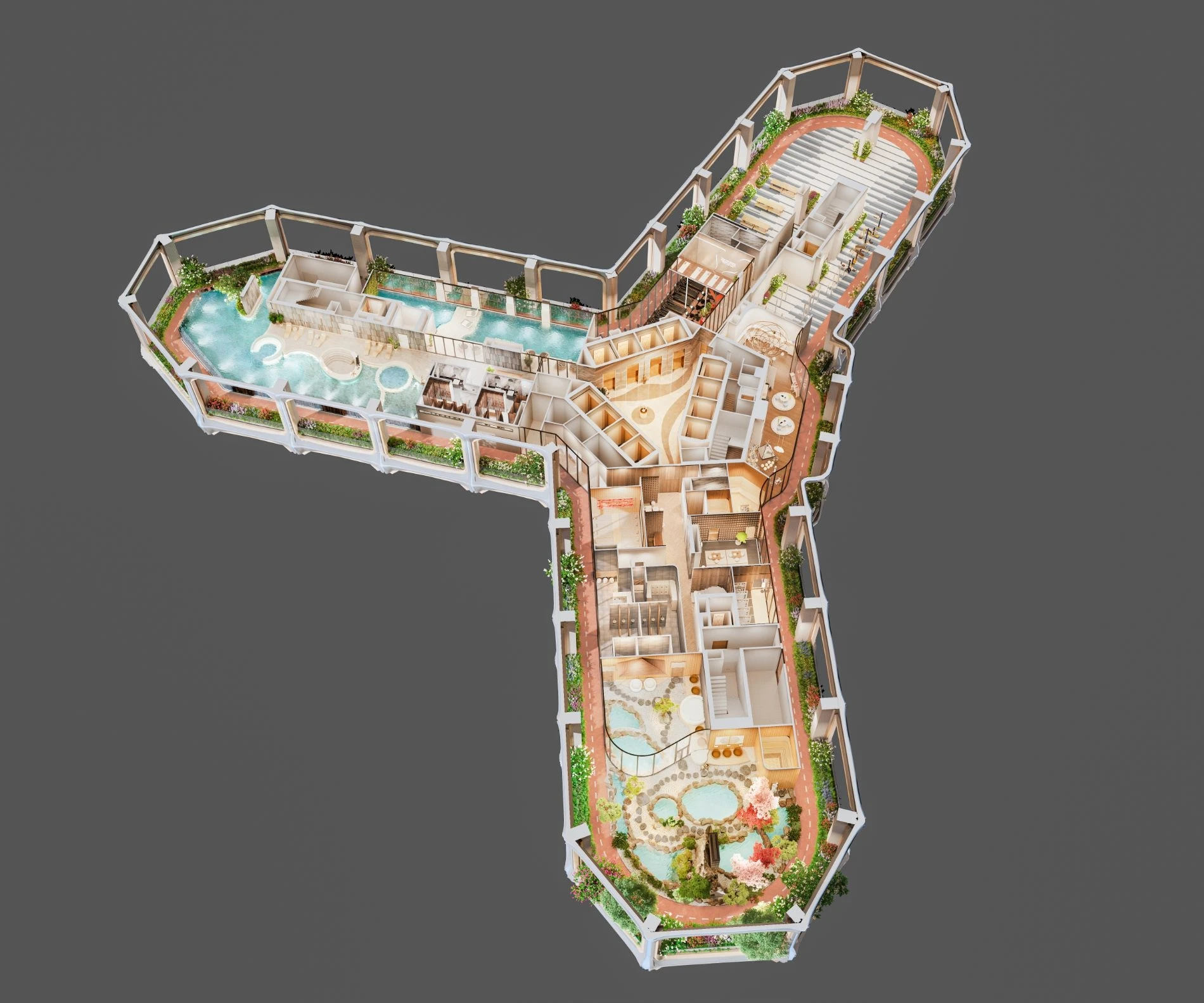 Phối cảnh 3D mặt bằng tầng tiện ích với khu khoáng nóng Sky Onsen và đường chạy bộ