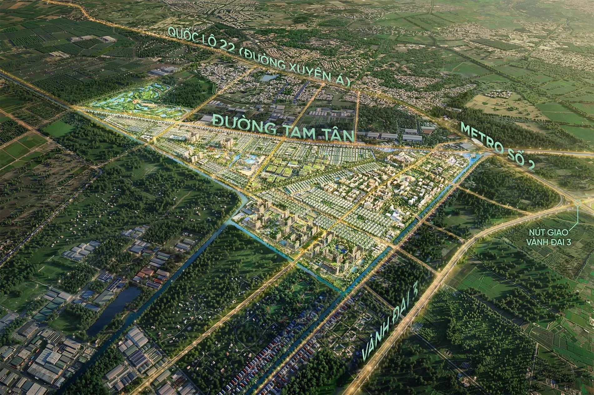 Phối cảnh quy hoạch dự án Vinhomes Sài Gòn Park với các trục đường Tam Tân, Quốc lộ 22 và Metro số 2.