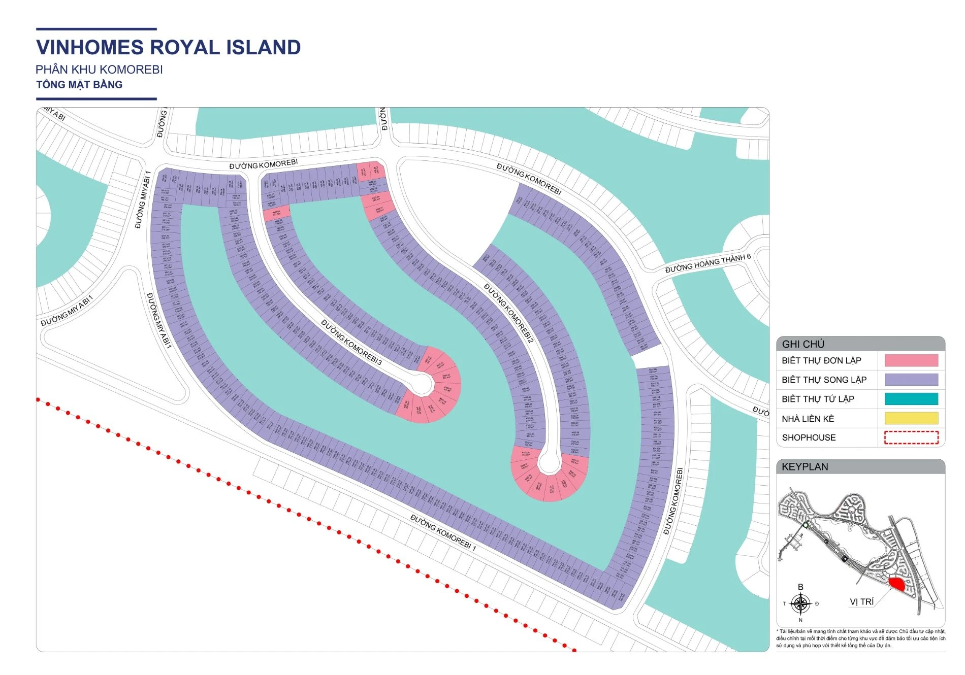 Sơ đồ tổng mặt bằng quy hoạch phân khu Komorebi tại dự án Vinhomes Royal Island Vũ Yên Hải Phòng