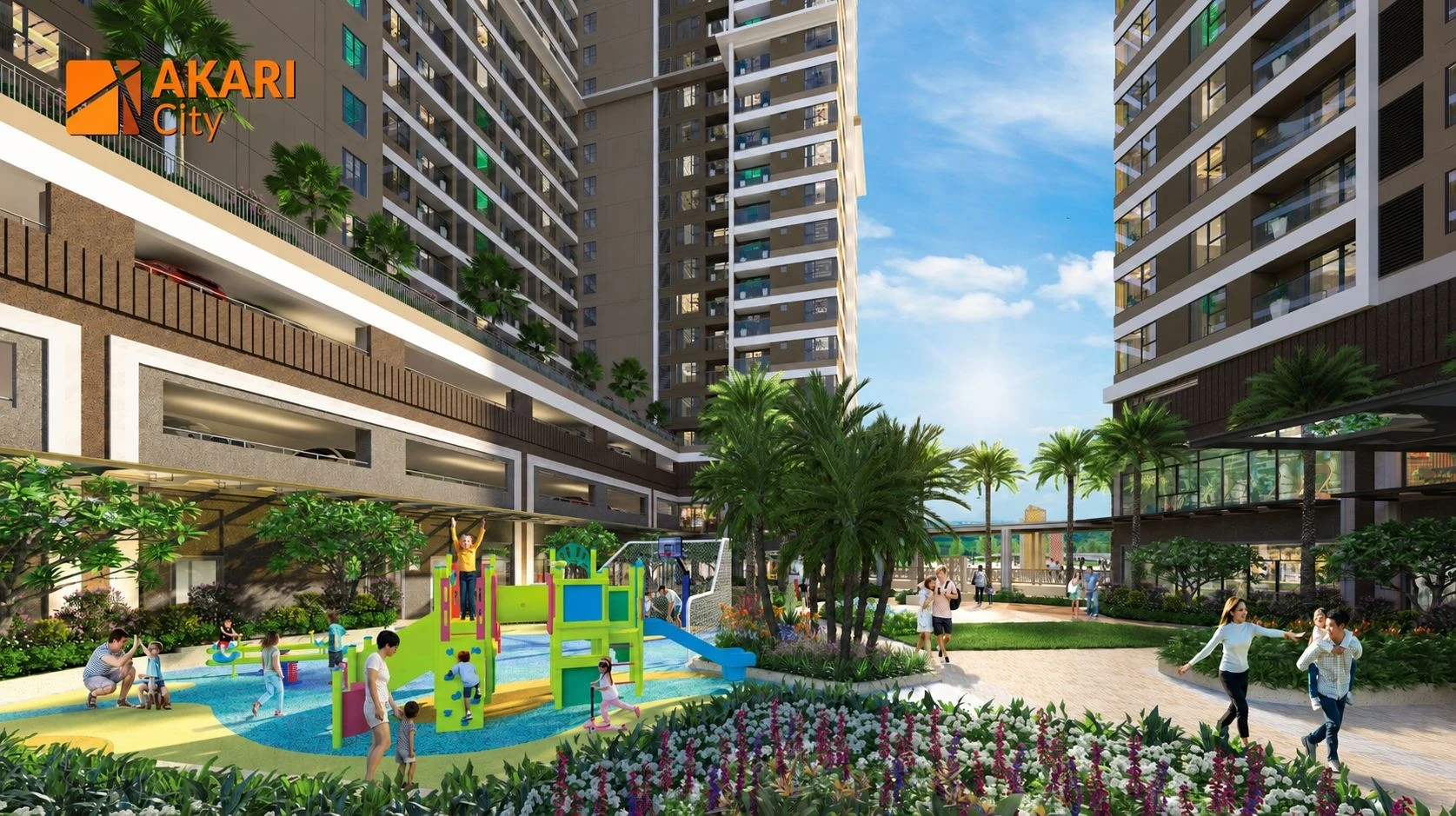 Khu vui chơi ngoài trời với cầu trượt và thảm cao su an toàn cho trẻ em tại Akari City.