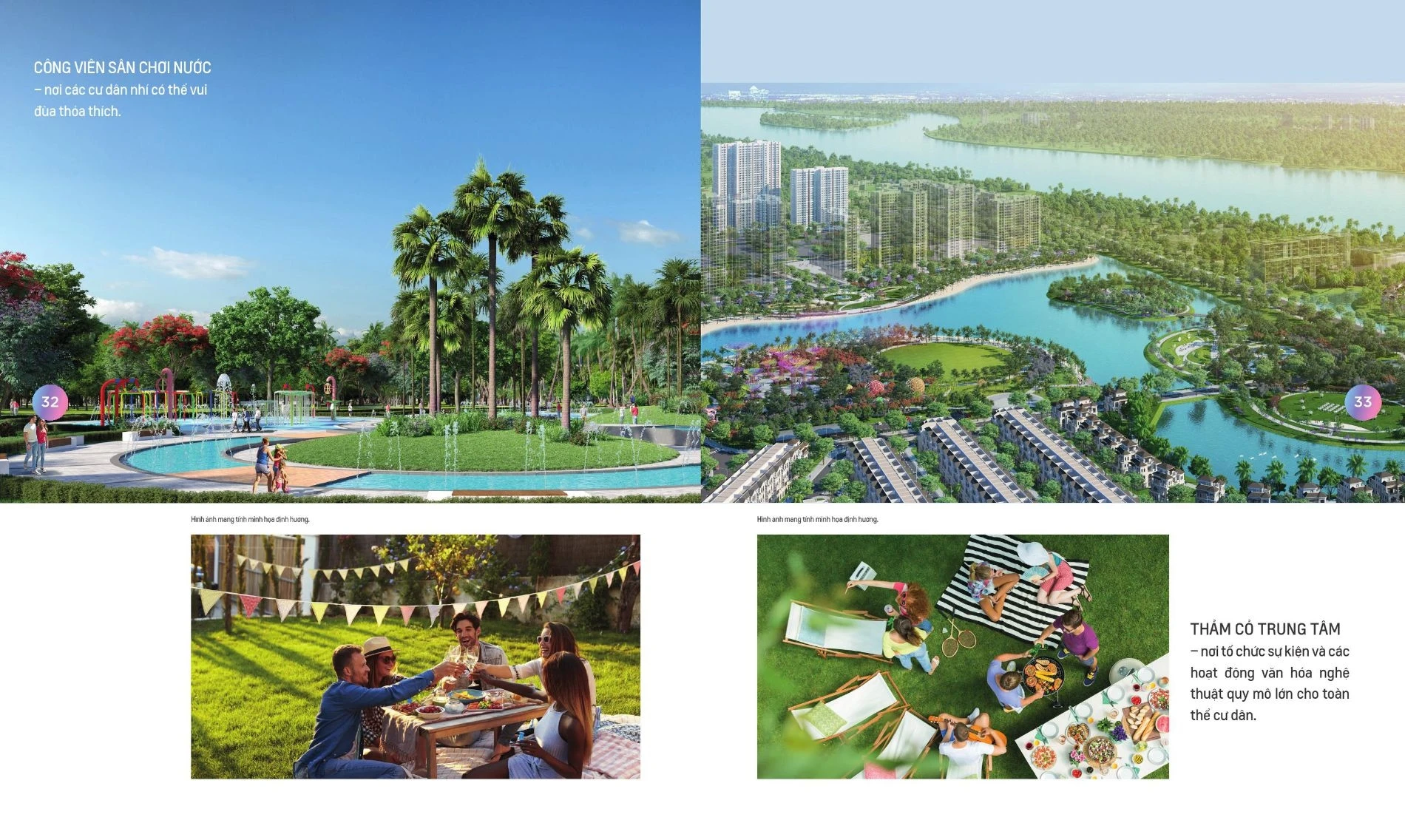 Khu vực sân chơi nước cho trẻ em và thảm cỏ trung tâm tại Vinhomes Grand Park