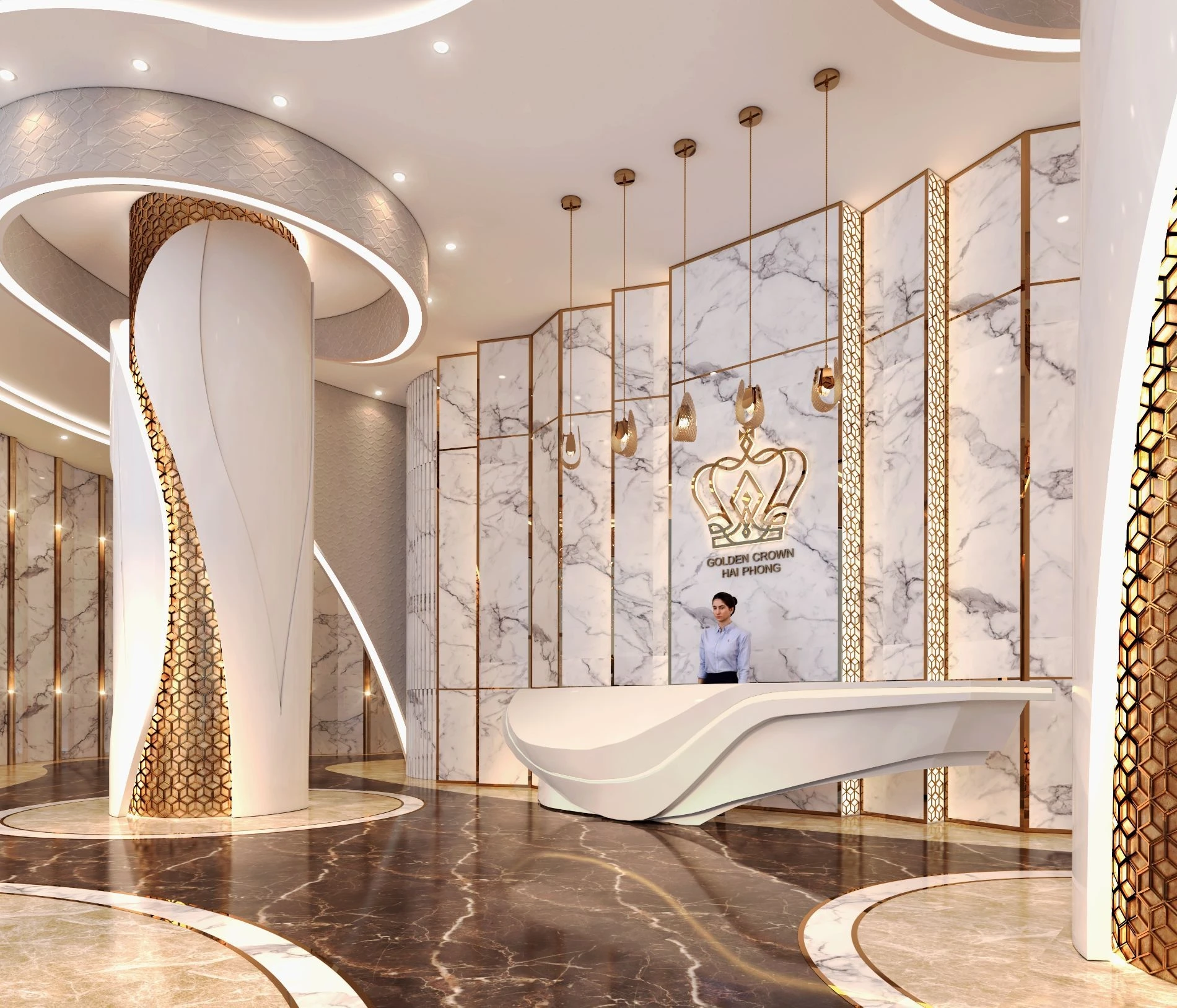 Không gian sảnh lễ tân ốp đá cẩm thạch sang trọng tại chung cư Golden Crown Hải Phòng.