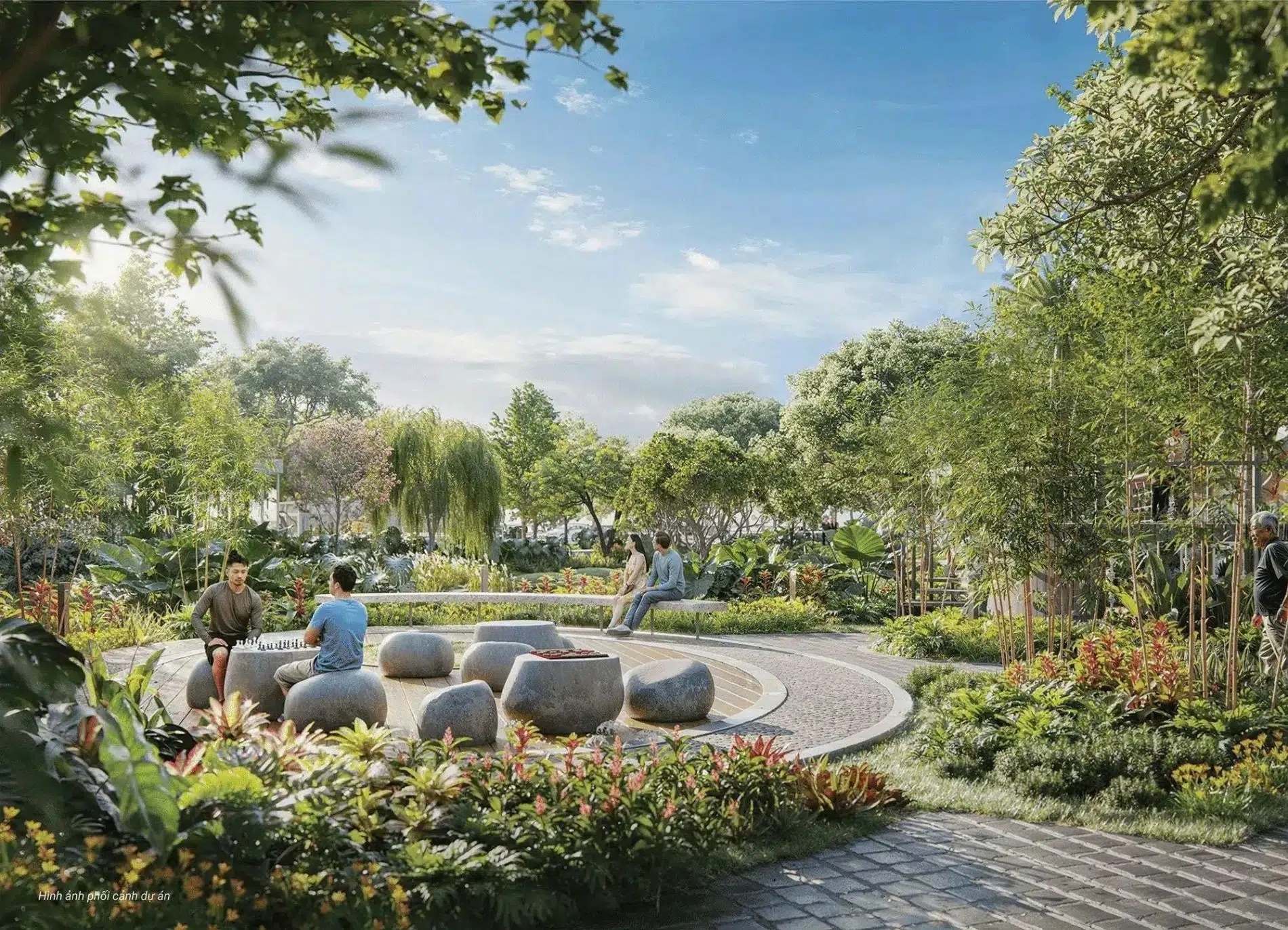 Cư dân ngồi thư giãn và chơi cờ tại khu vực Serene Garden dự án Spring Ville
