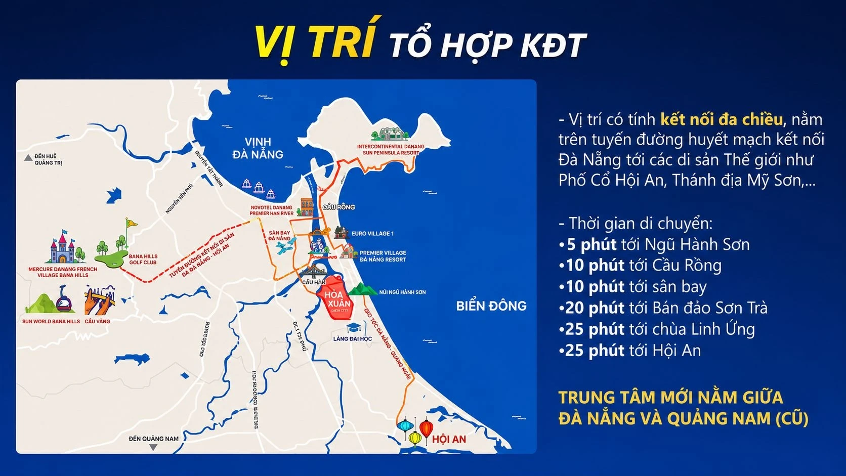 Sơ đồ kết nối giao thông vùng từ dự án Spana Tower đến trung tâm thành phố Đà Nẵng và phố cổ Hội An