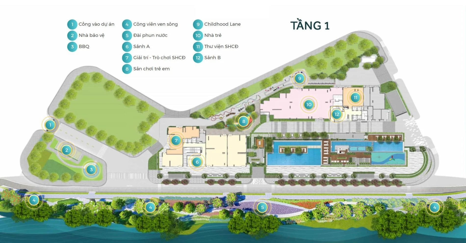 Sơ đồ mặt bằng tổng thể hệ thống tiện ích tầng 1 của dự án căn hộ D'lusso