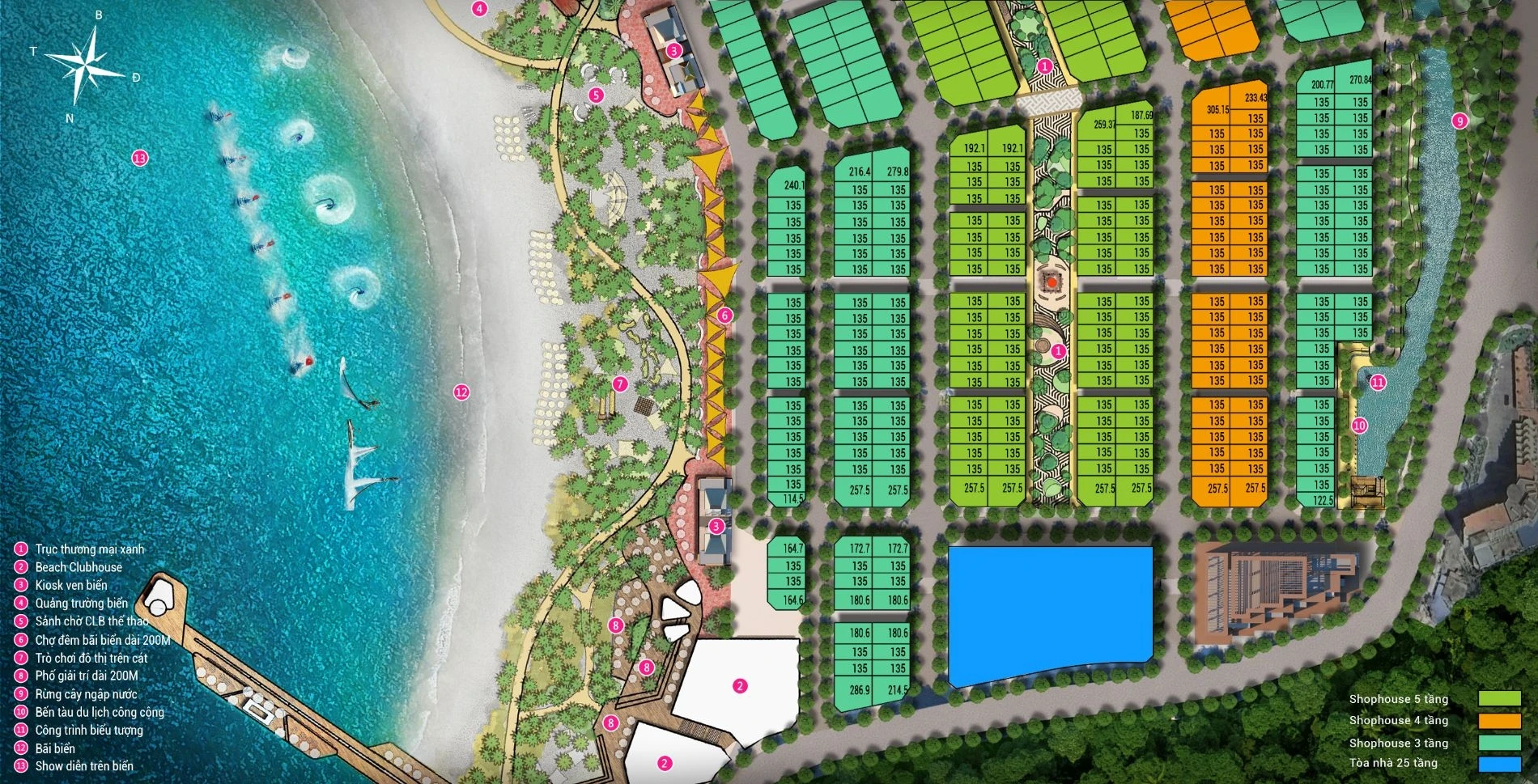 Sơ đồ mặt bằng chi tiết khu vực bãi biển và quảng trường tại Xanh Island Cát Bà
