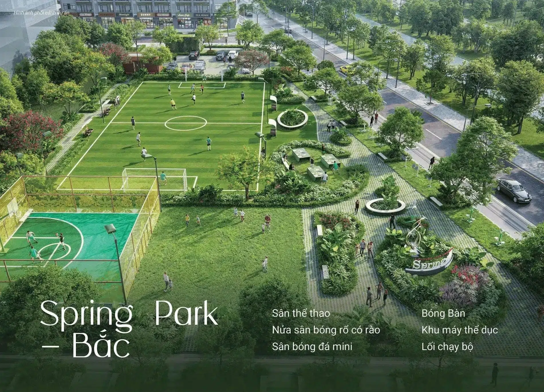 Khu vực sân bóng đá mini và sân bóng rổ tại công viên Spring Park Bắc