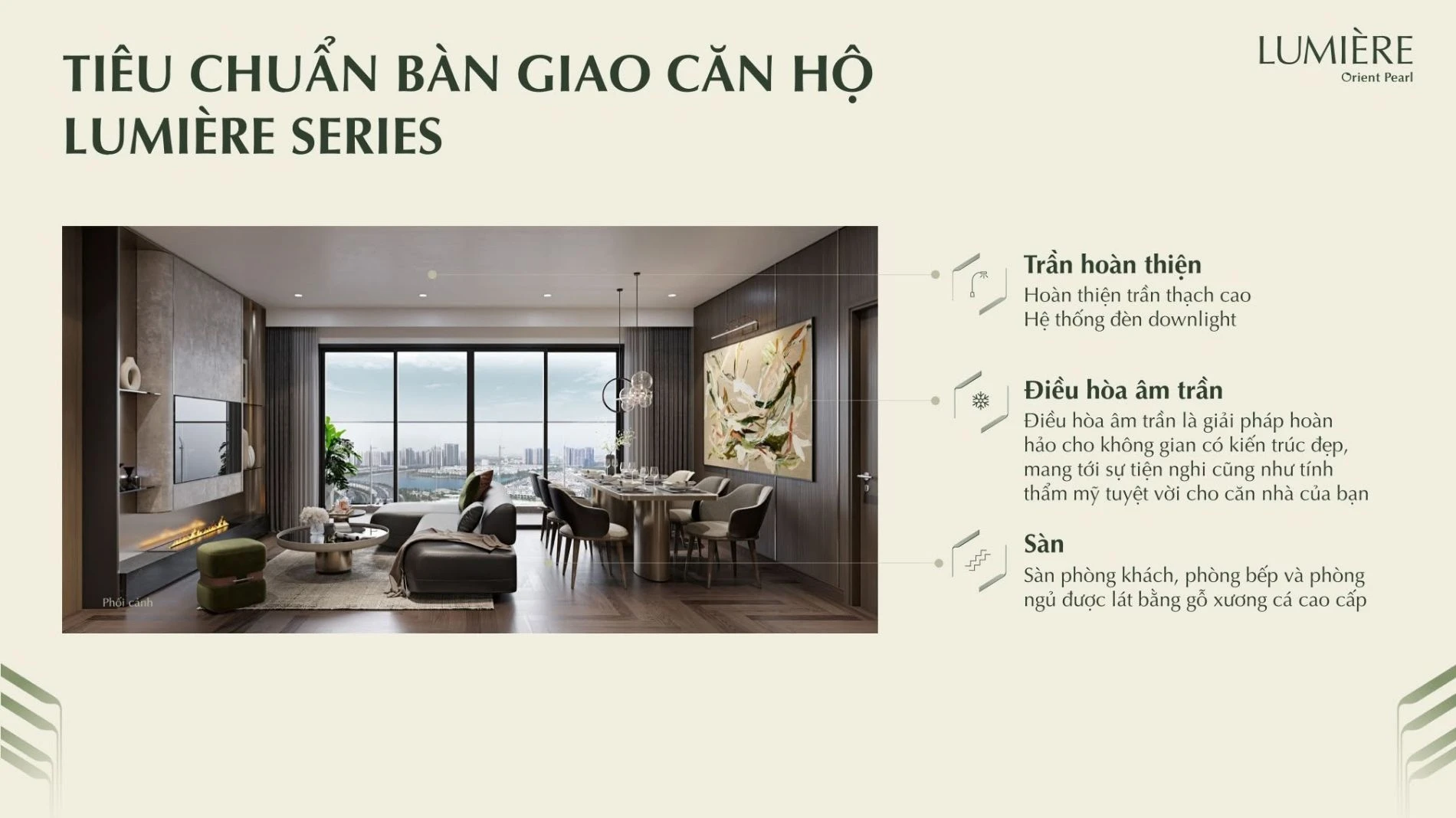 Chi tiết tiêu chuẩn bàn giao trần thạch cao, điều hòa âm trần Daikin và sàn gỗ xương cá tại căn hộ Lumière Orient Pearl