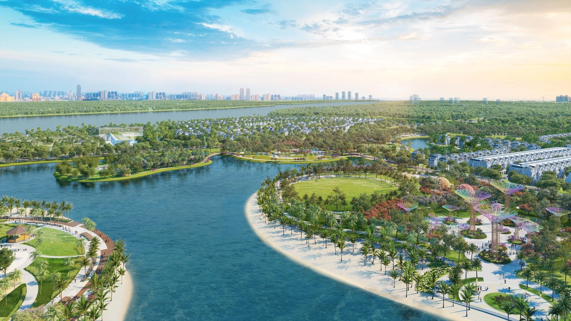 Góc nhìn từ trên cao bao quát biển hồ cát trắng và công viên ánh sáng Vinhomes Grand Park