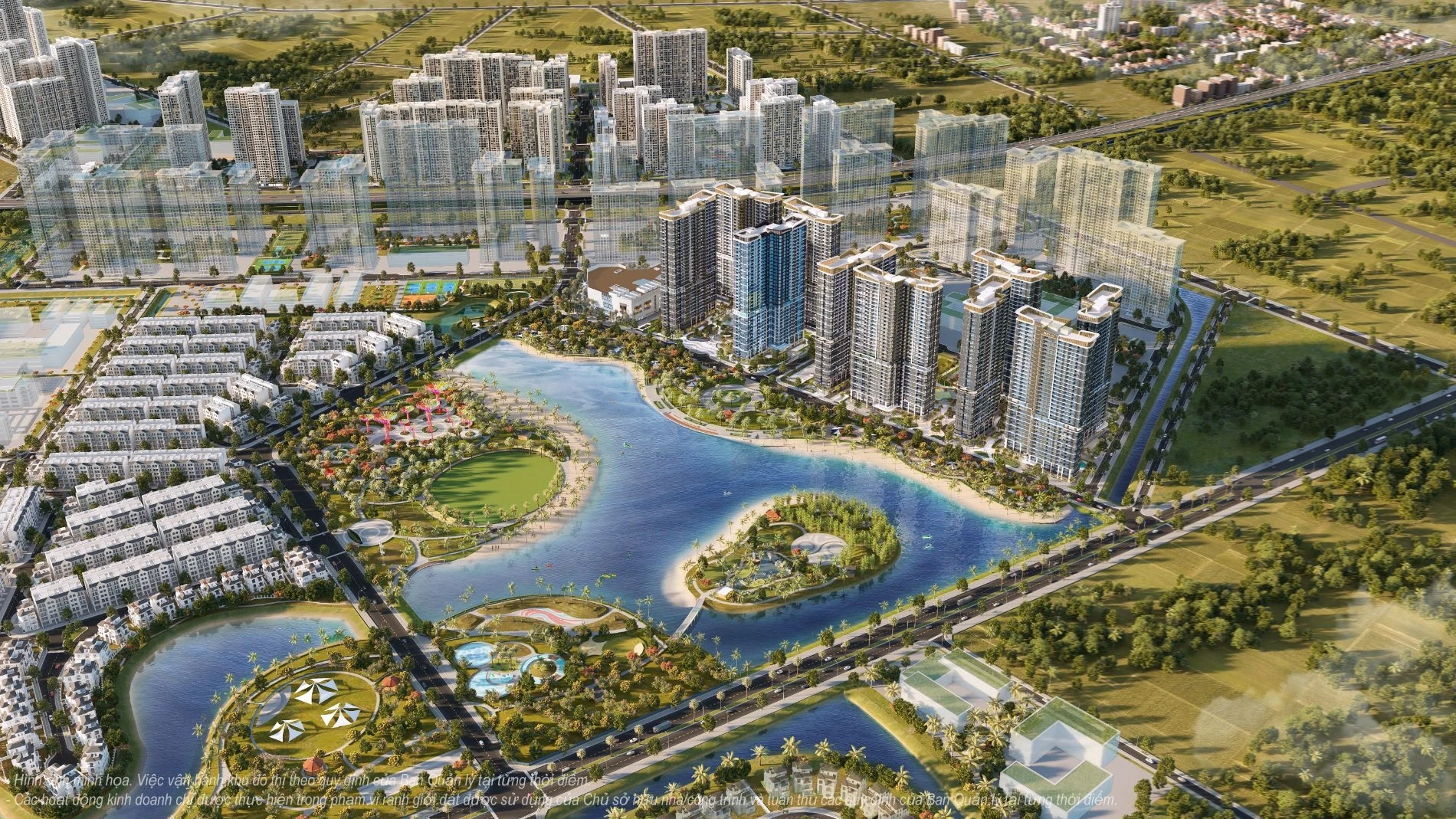 Phối cảnh các tòa tháp căn hộ The Beverly hướng thẳng ra công viên ánh sáng và hồ trung tâm
