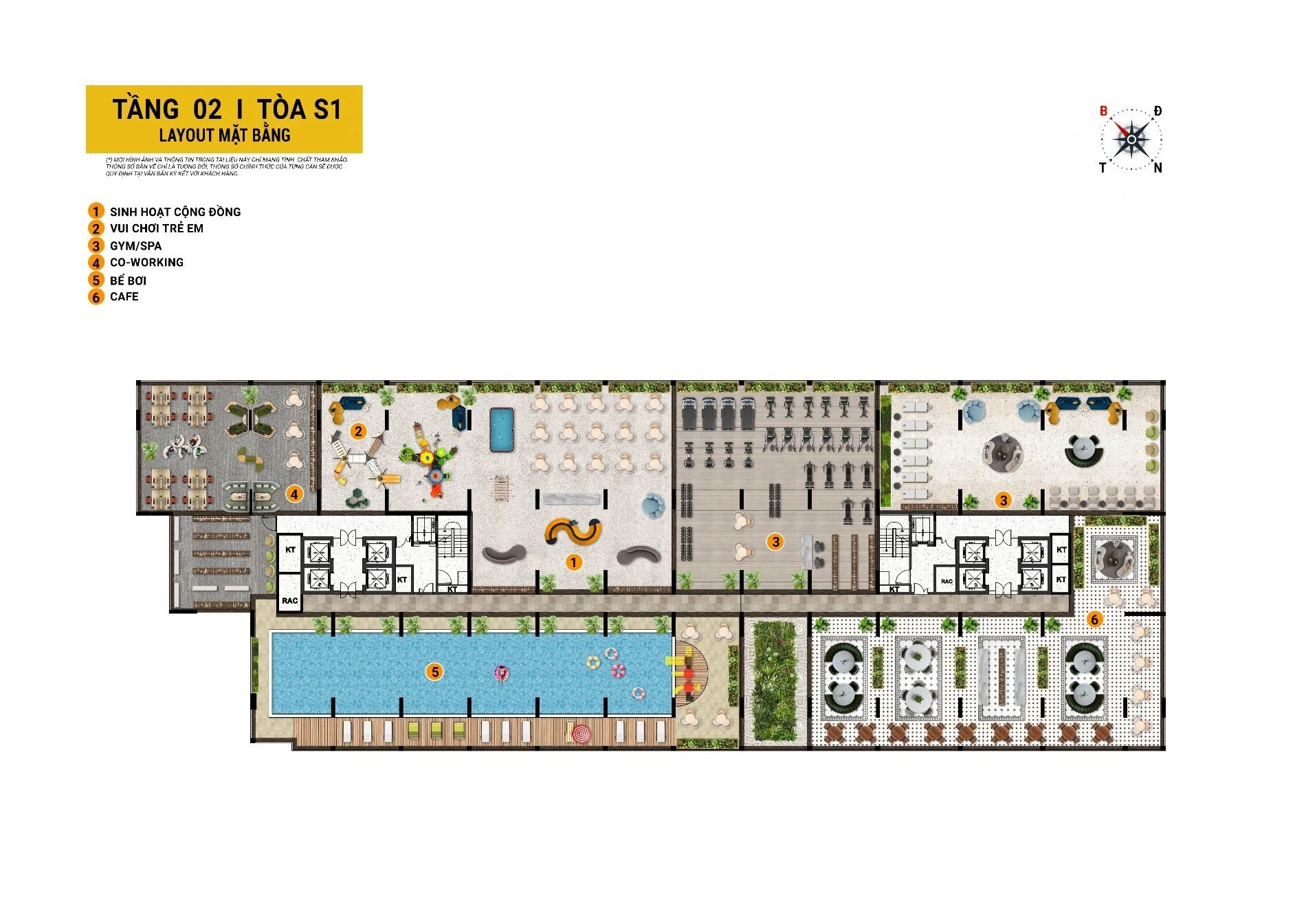 Sơ đồ mặt bằng tầng 2 bố trí hệ thống tiện ích nội khu tại tòa S1 dự án Spana Tower Đà Nẵng