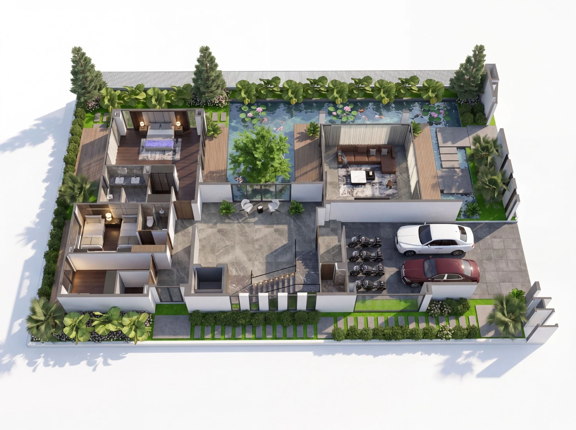 Sơ đồ bố trí mặt bằng tầng trệt dinh thự Riviera Mansion 600m2