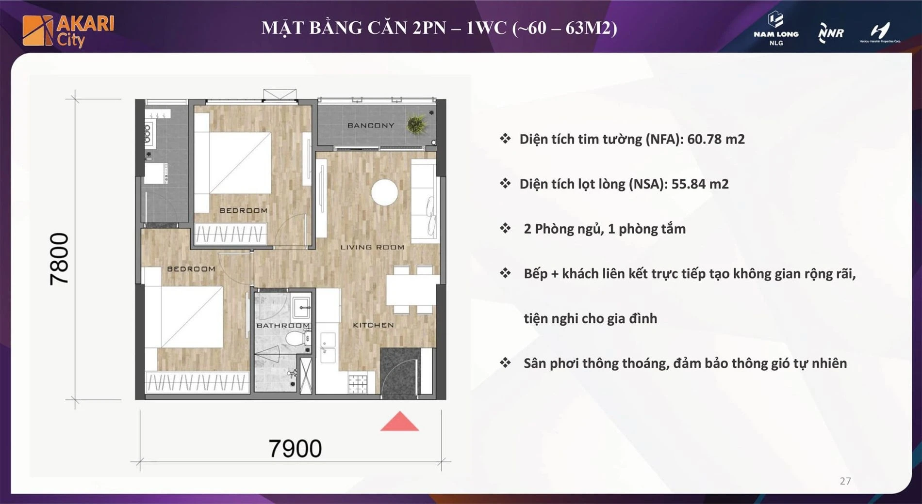 Bản vẽ bóc mái thiết kế căn hộ 2 phòng ngủ 1 nhà vệ sinh dự án Akari City