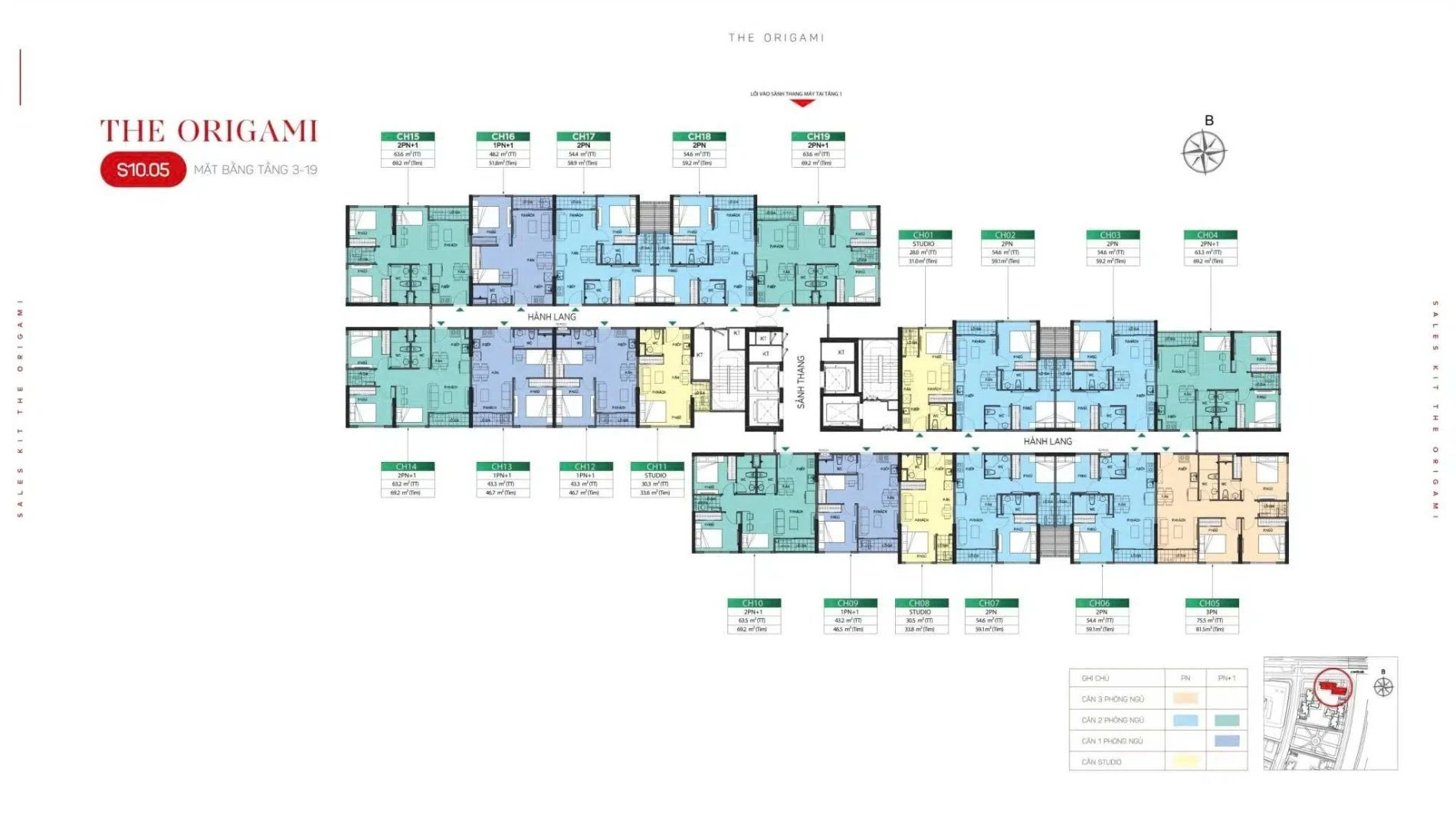 Sơ đồ mặt bằng tầng 3 đến 19 tòa S10.05 The Origami Vinhomes Grand Park
