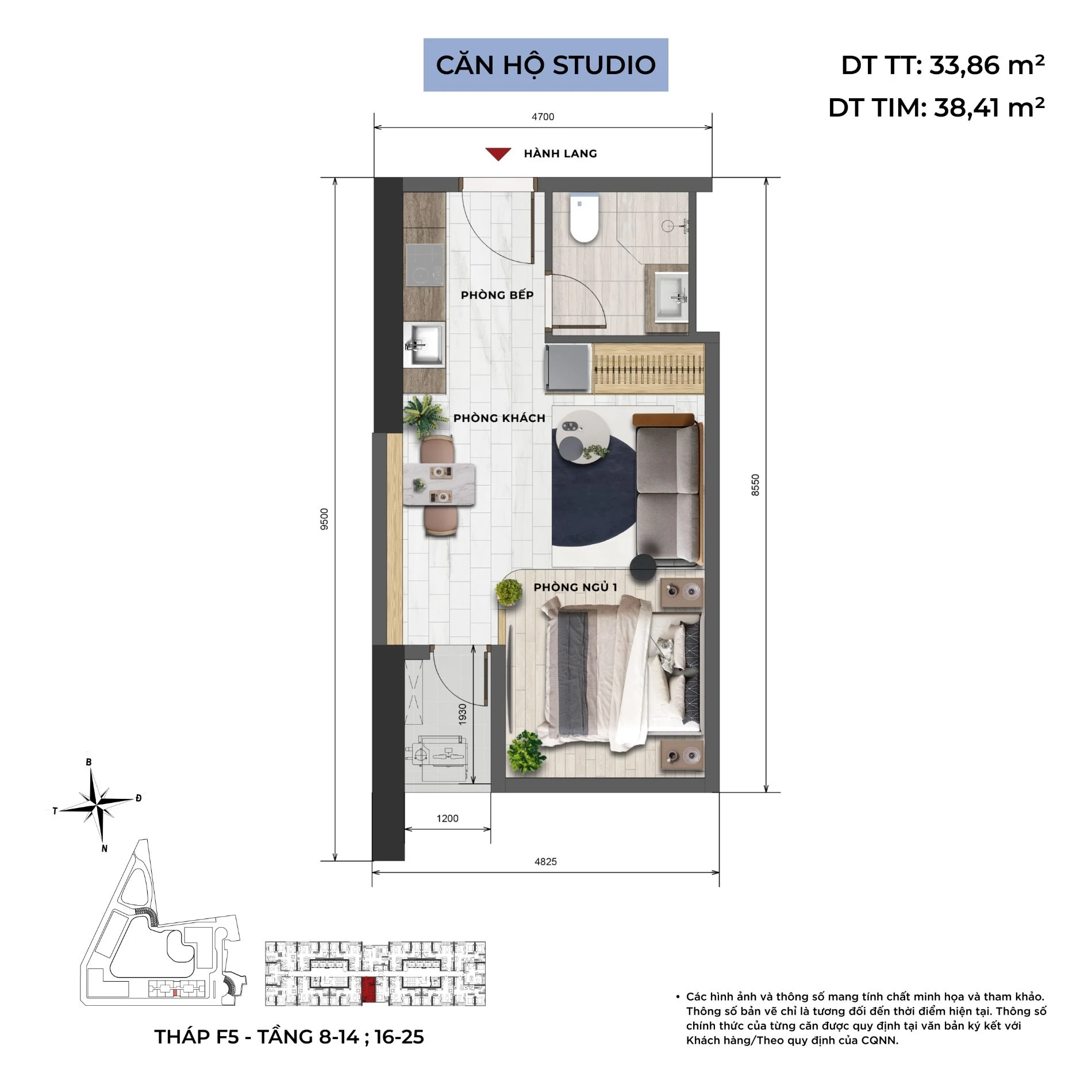 Bản vẽ layout thiết kế căn hộ Studio diện tích 33.86m2 tháp F5 Sun Feliza Suites