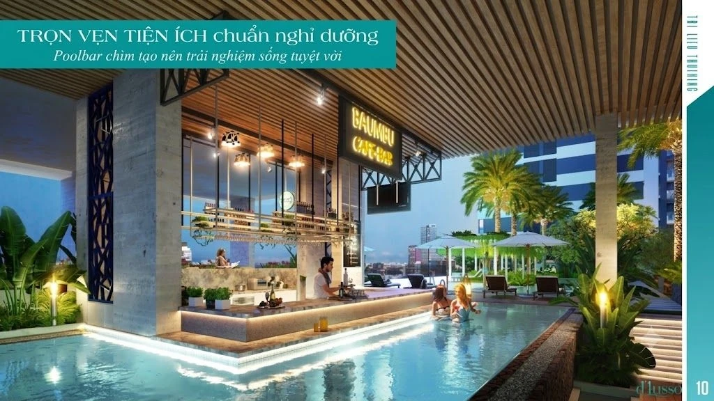 Khu vực quầy bar chìm dưới nước phục vụ cư dân thư giãn tại hồ bơi dự án D'lusso