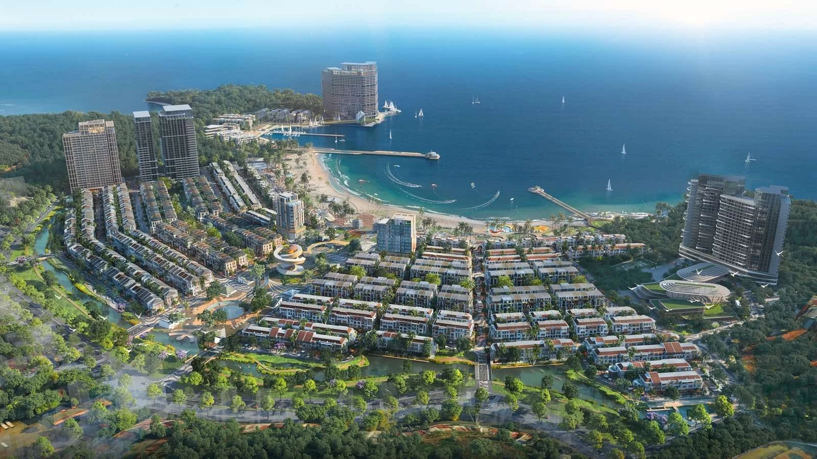 Phối cảnh dự án Xanh Island Cát Bà nhìn từ trên cao giáp biển và núi