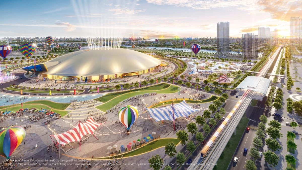 Toàn cảnh Trung tâm Hội chợ Triển lãm Quốc gia 90ha và tuyến Metro số 4 tại Vinhomes Cổ Loa.