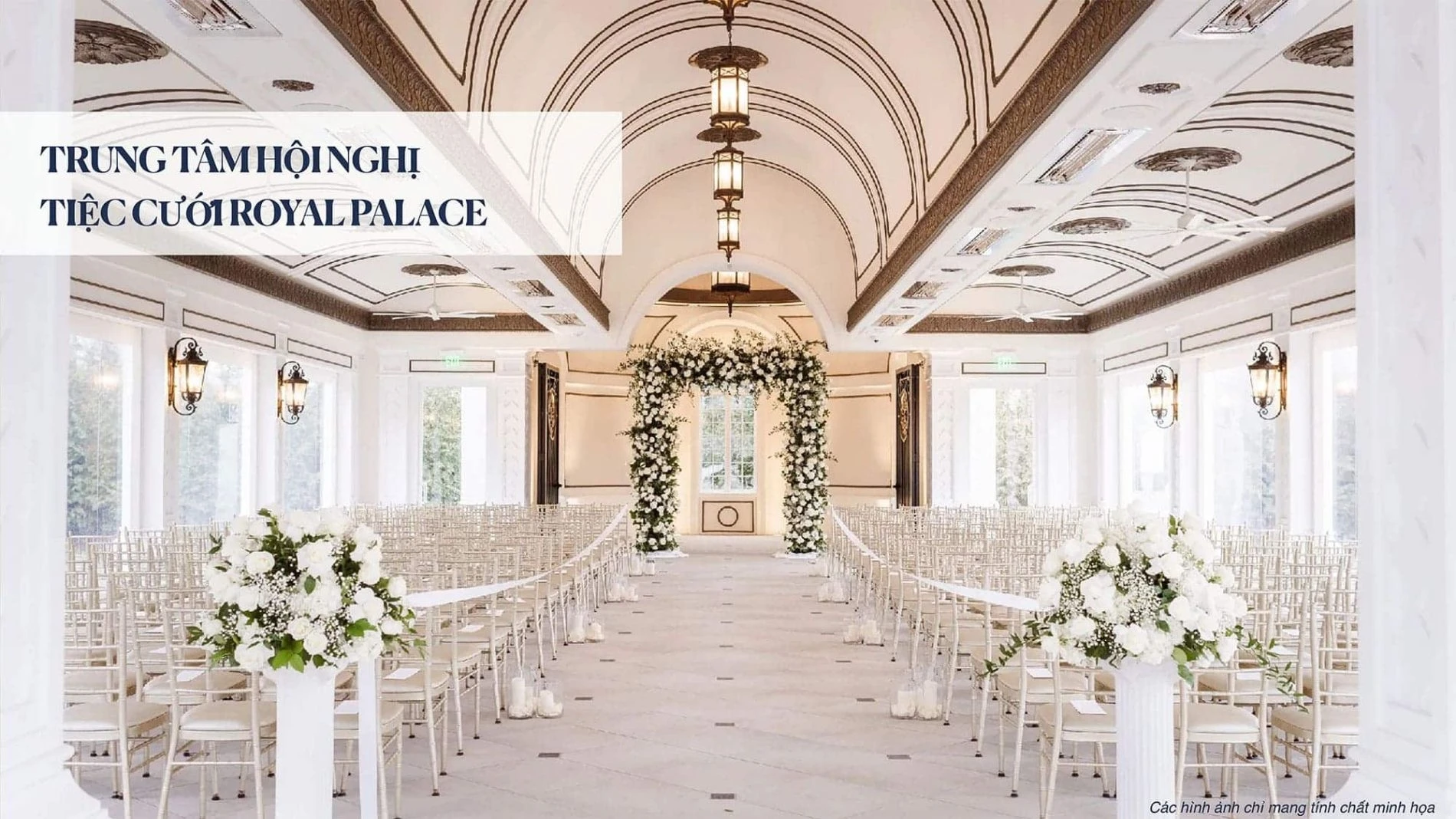 Không gian bên trong trung tâm hội nghị tiệc cưới Royal Palace tại Vinhomes Vũ Yên